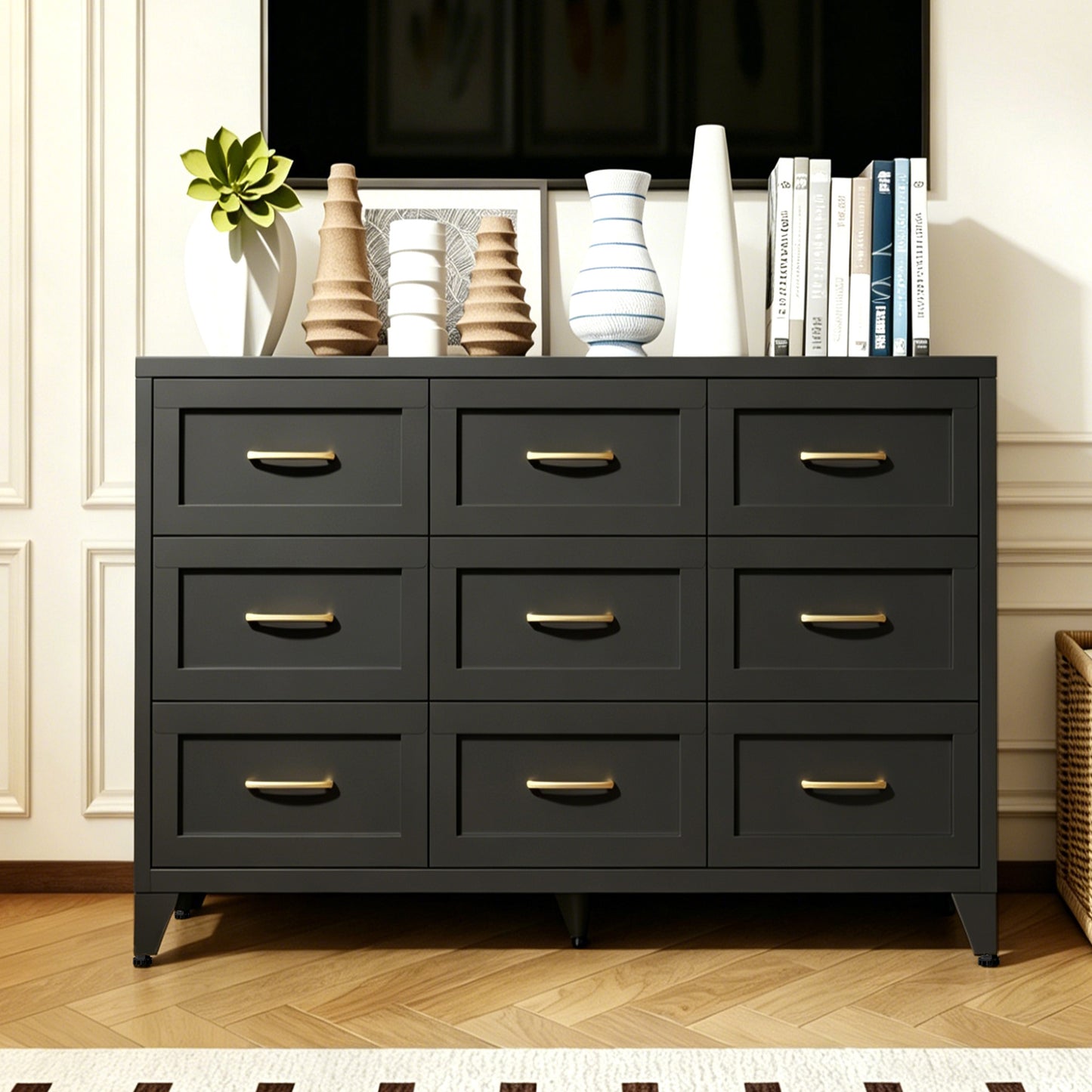 VIYET 9-Drawer Black Dresser for Bedroom, 52" Wide Low-Profile Chest of Drawers with Smooth-Glide Storage