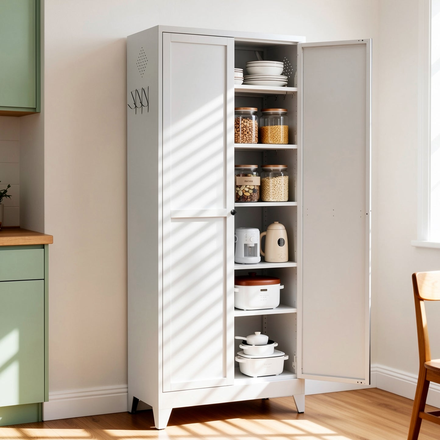 VIYET 75" Metal Kitchen Pantry Cabinet, Tall Freestanding Storage Cabinet with 5 Adjustable Shelves, Steel Organizer for Kitchen, Dining Room, White