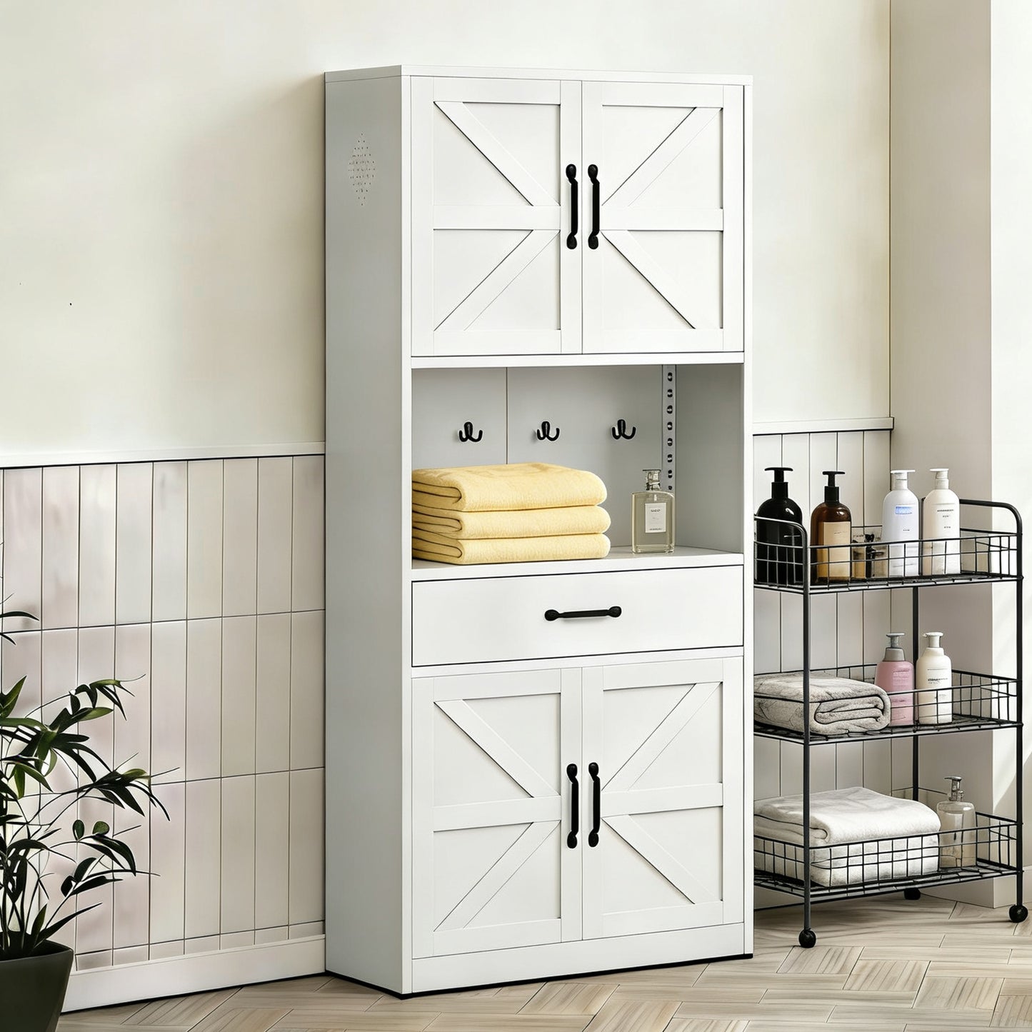 VIYET 71"H Heavy-Duty White Steel Pantry Cabinet,Large Countertop+Adjustable Shelves+Drawers+Hooks,Modern Storage for Kitchen/Bathroom/Living Room