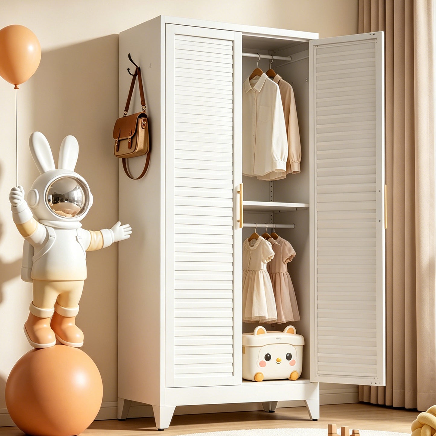 VIYET 71" Metal Wardrobe Closet with Adjustable Hanging Rod, Louvered Doors, Side Hooks & Shelves, Heavy Duty Clothing Storage Cabinet for Bedroom, Laundry Room, White