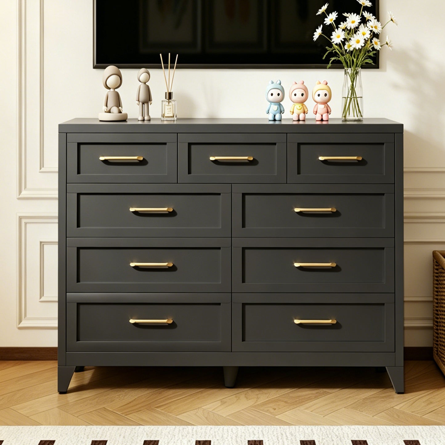 VIYET 9-Drawer Black Dresser for Bedroom, Tall Wide Chest of Drawers with Smooth-Glide Storage