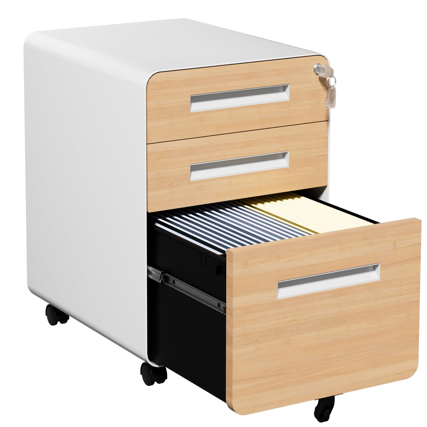 VIYET 3 Drawer Mobile File Cabinet with Lock, Wood Grain Metal Rolling Filing Cabinet on Wheels, Steel Office Storage Cabinet for Letter Legal Files