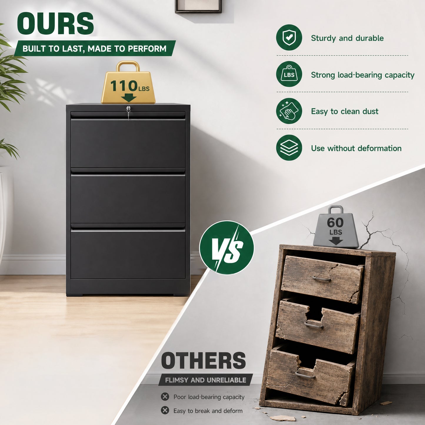 VIYET 3 Drawer Lateral File Cabinet with Lock, Metal Filing Cabinet for Home Office, Steel File Organizer Fits Letter, Legal, A4 & F4 Hanging Files
