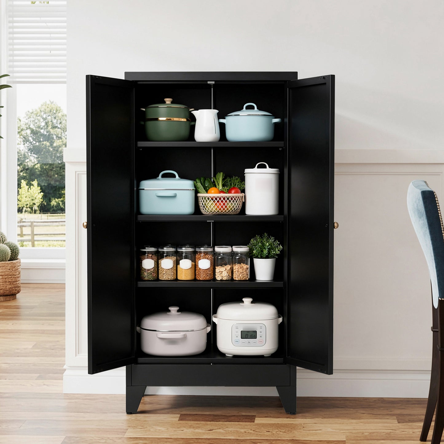 VIYET 47" Black Metal Pantry Cabinet with Adjustable Shelves, Freestanding Kitchen Storage Cabinet with Doors for Pantry, Bathroom & Living Room