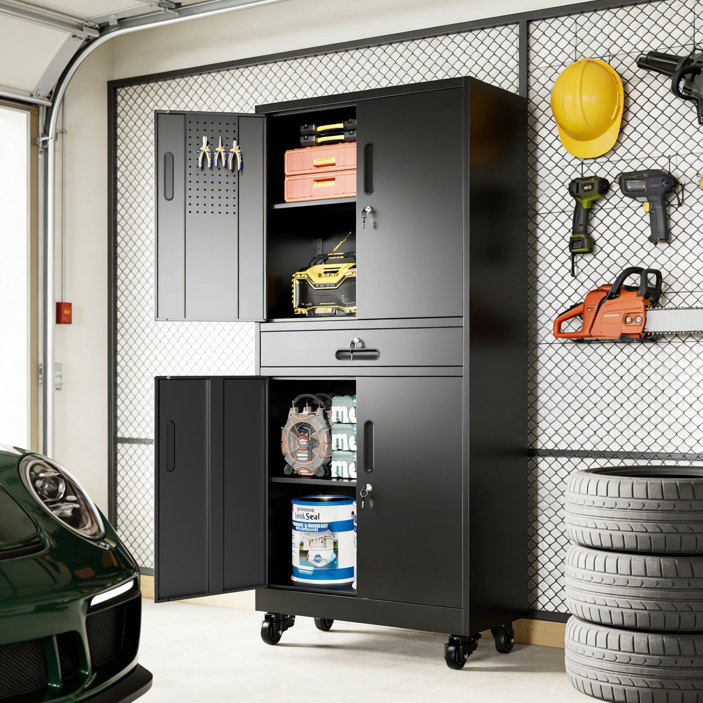 VIYET 71" Metal Garage Storage Cabinet with Drawer, Lockable Doors, Adjustable Shelves, Pegboard & Rolling Wheels for Home Office Utility