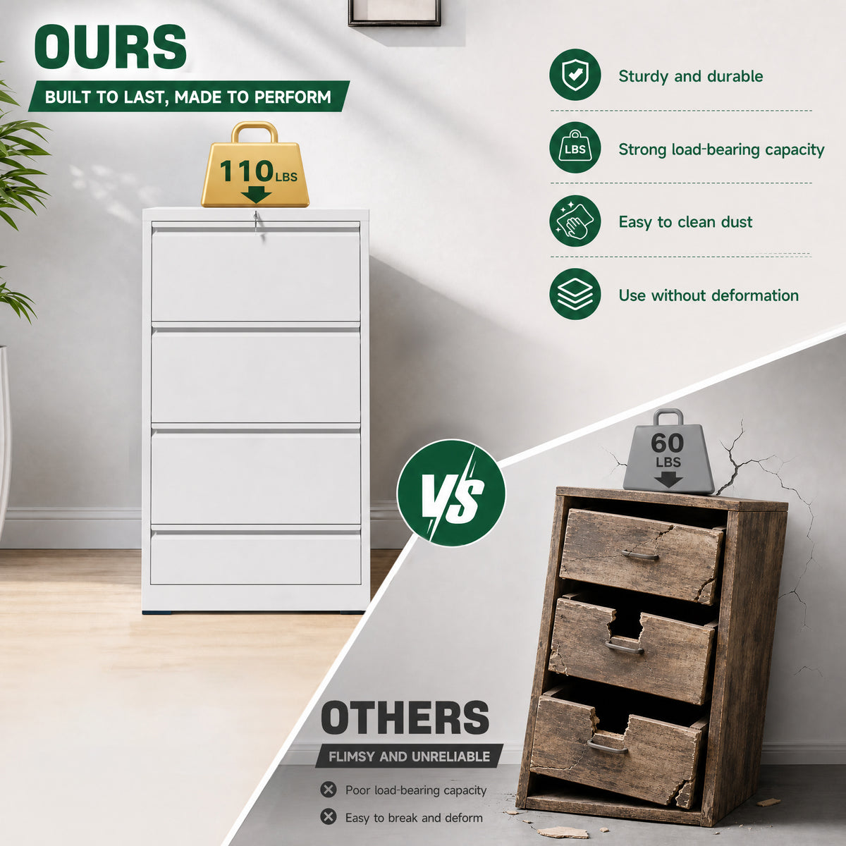 VIYET 4 Drawer Lateral File Cabinet, Metal Filing Cabinet with Lock, Wide Steel Office Storage for Letter, Legal, A4 & F4 Files