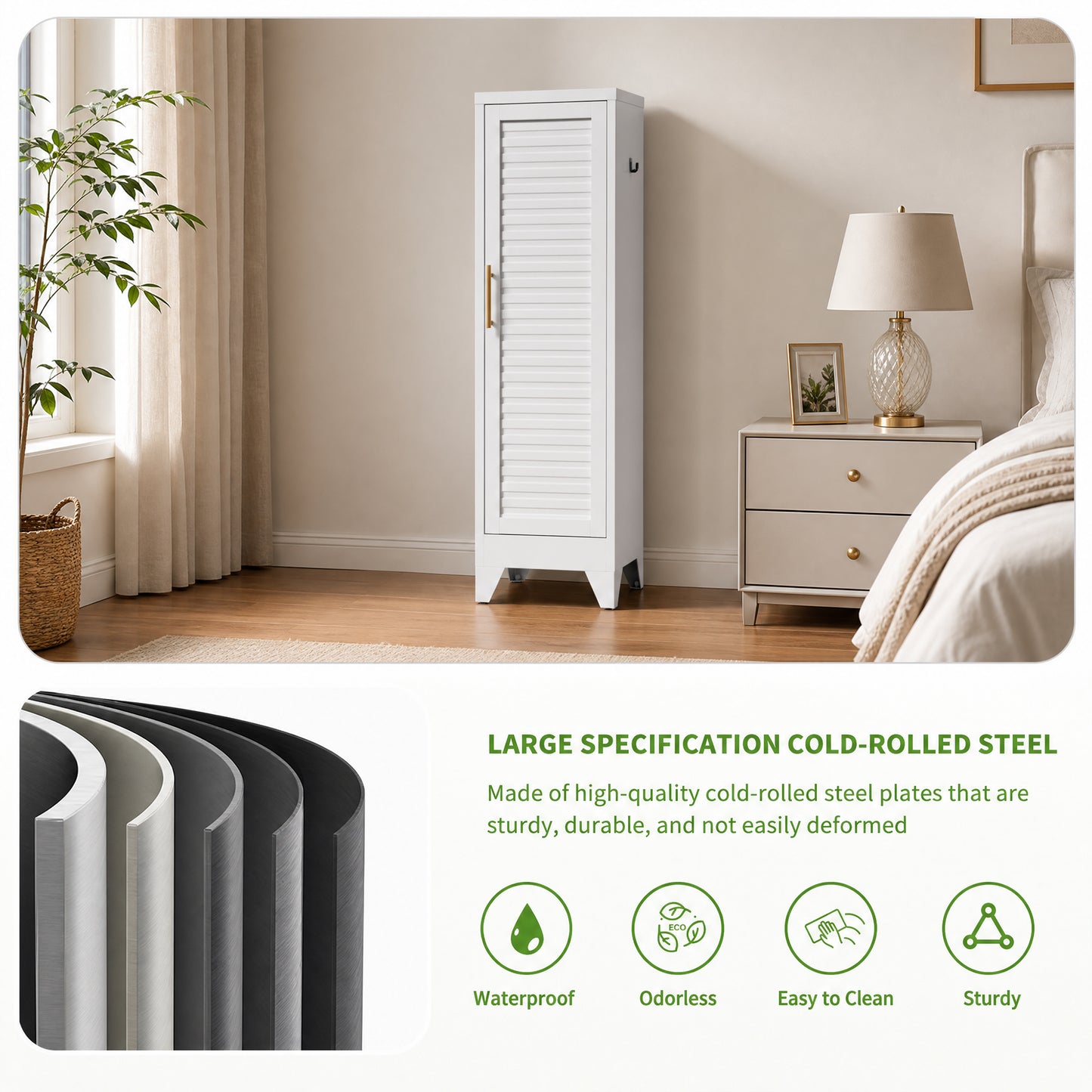 VIYET 47.2" Narrow Metal Wardrobe Closet, Slim Storage Cabinet with Louvered Door and Hanging Rail, Freestanding Clothes Organizer for Bedroom, Apartment, Dorm, White