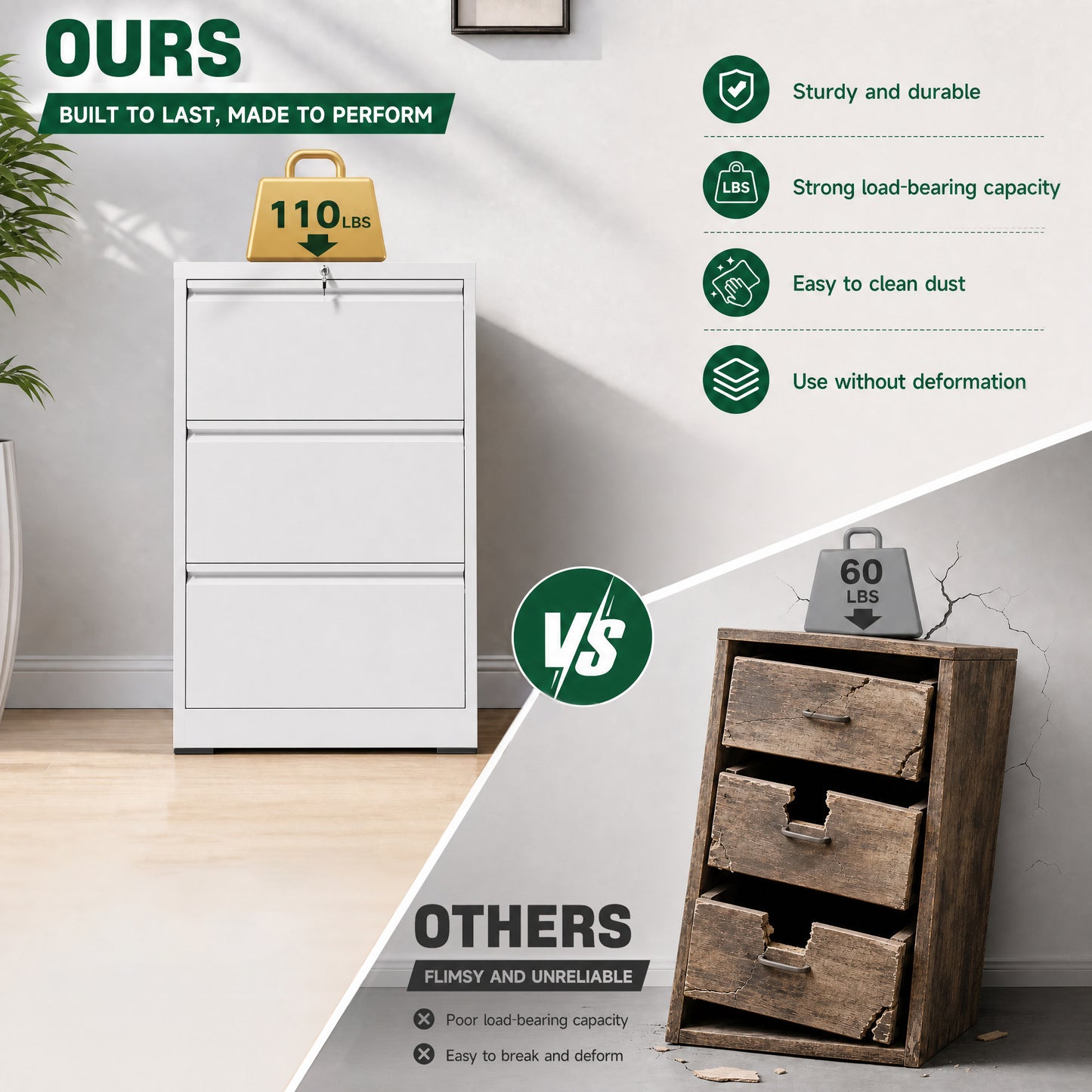 VIYET 3 Drawer Lateral File Cabinet with Lock, White Metal Filing Cabinet for Home Office, Fits Letter, Legal, A4 & F4 Hanging Files