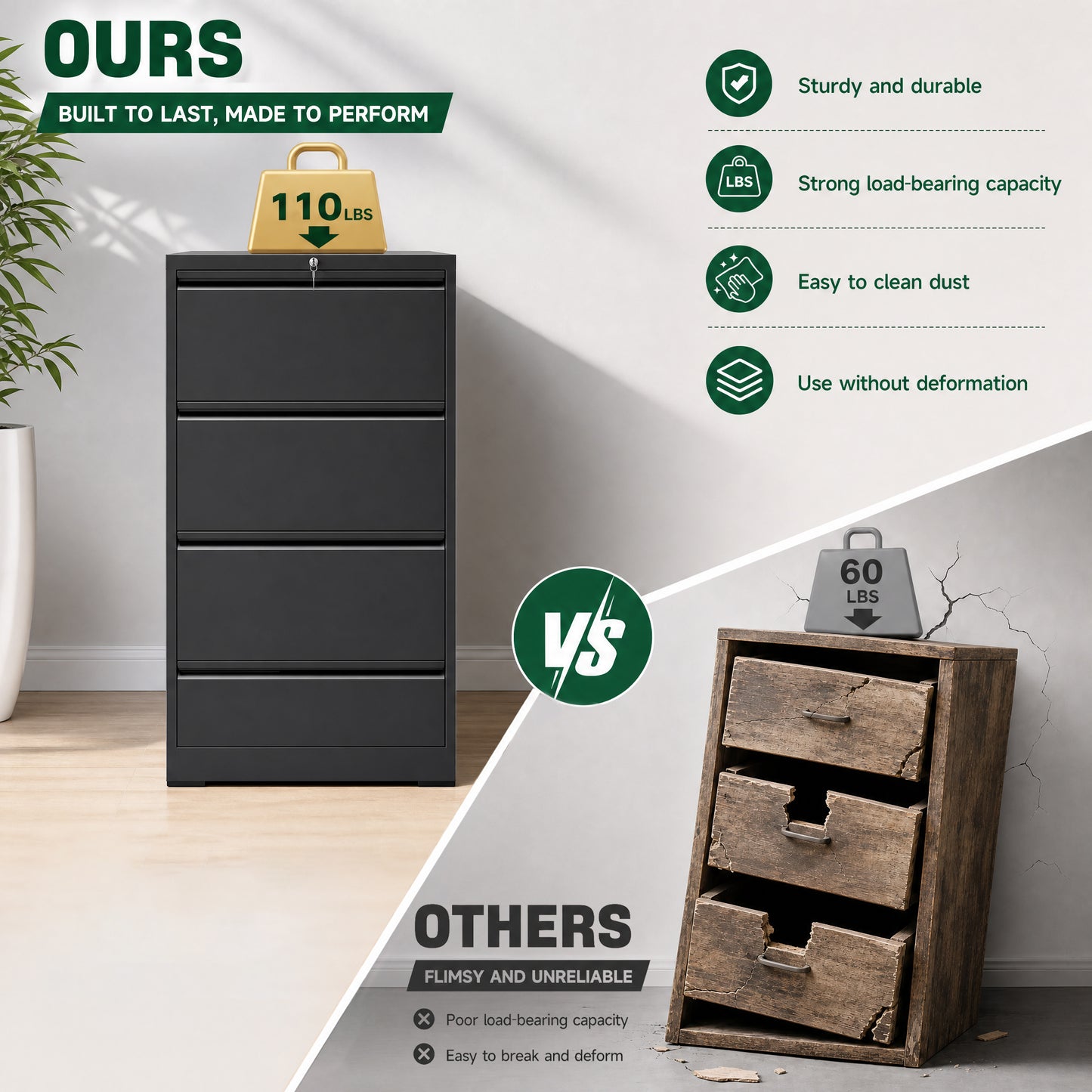 VIYET 4 Drawer Lateral File Cabinet with Lock, Metal Filing Cabinet for Home Office, Steel File Cabinet Fits Letter, Legal, A4 & F4 Hanging Files, Black