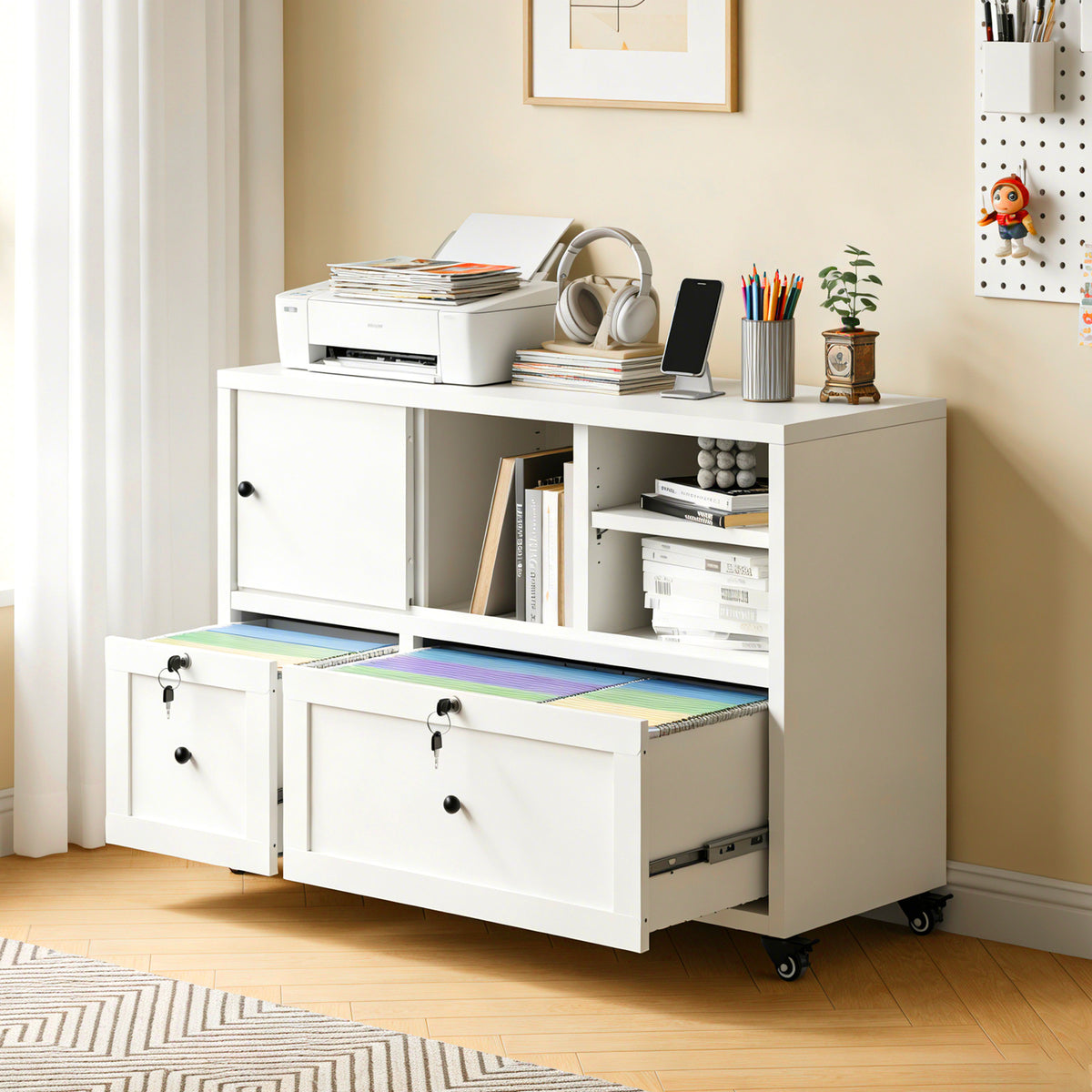 VIYET 28" White Metal 2-Drawer Lateral File Cabinet with Lock and Wheels, Rolling Office Storage for Letter, Legal & A4 Files