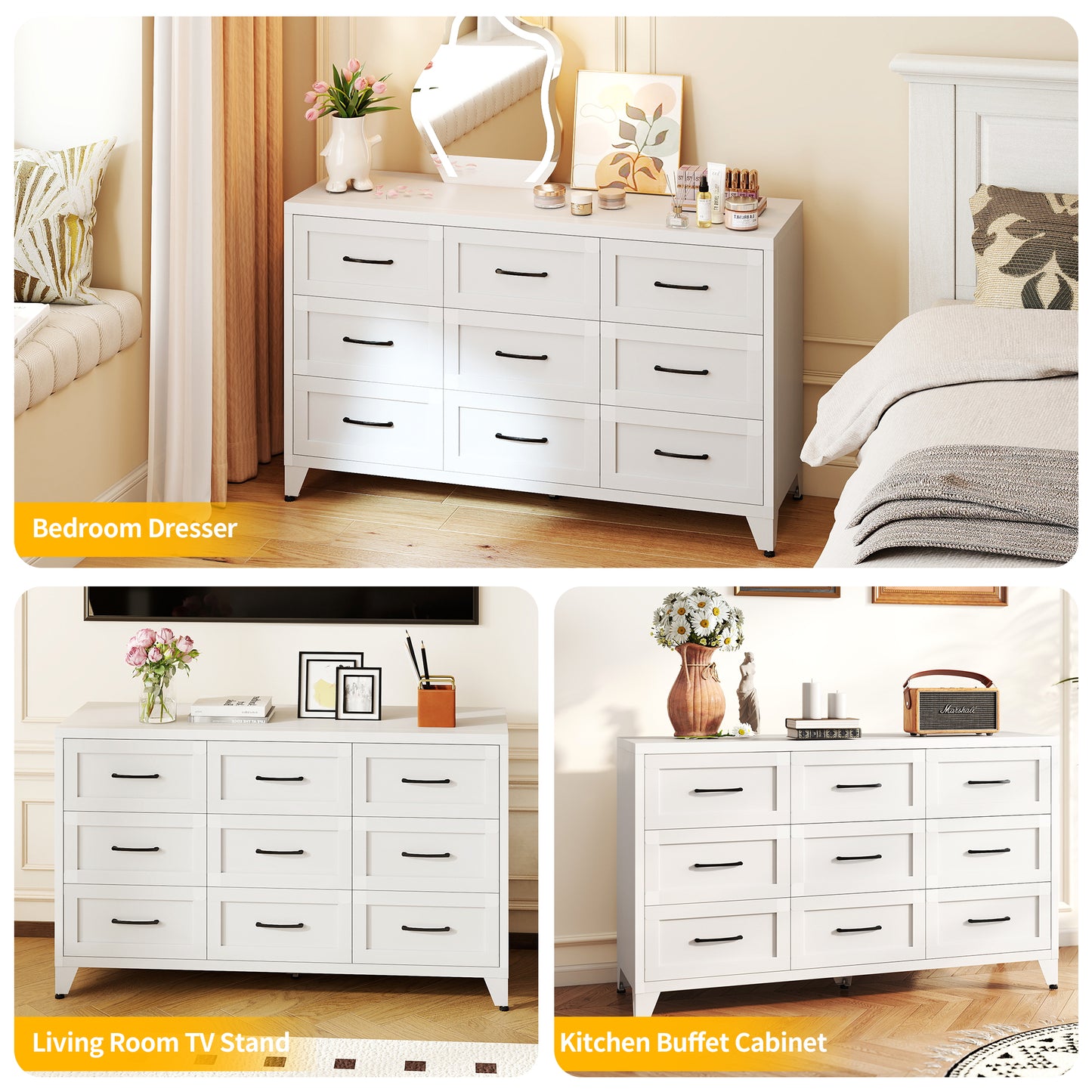 VIYET 9-Drawer Wide Dresser, White Bedroom Storage Chest with Smooth-Glide Drawers for Closet, Hallway & Entryway