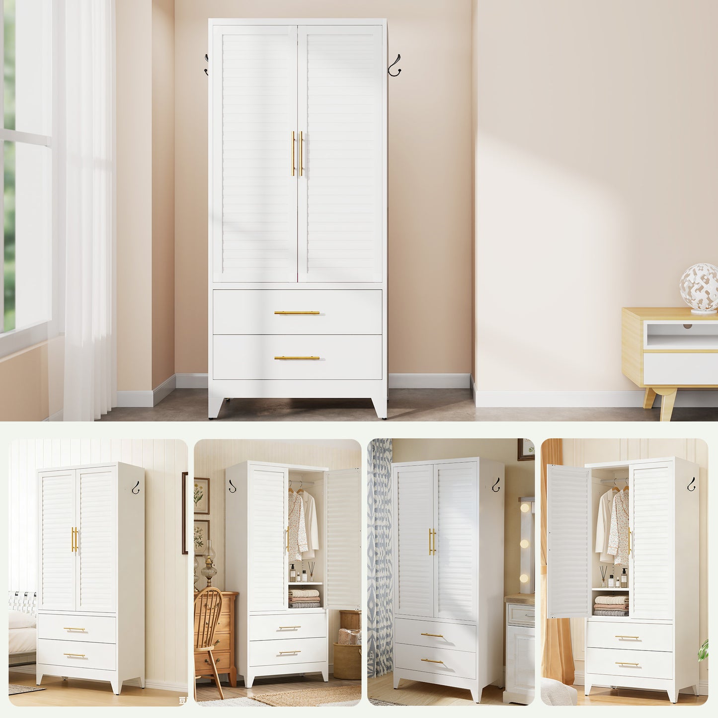 VIYET 71" Metal Wardrobe Closet with 2 Doors & 2 Drawers, Freestanding Steel Storage Cabinet with Hanging Rod & Adjustable Shelf