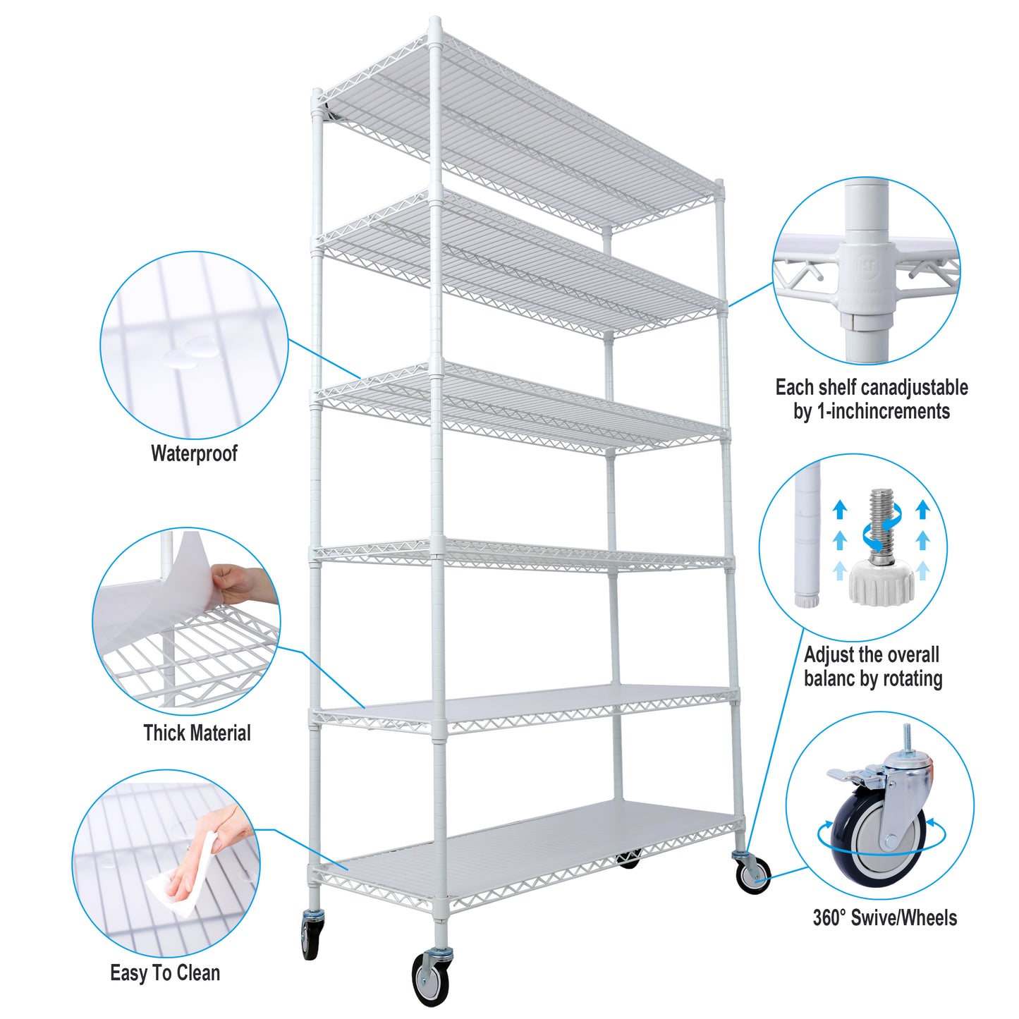 VIYET 6 Tier 6000LBS NSF Metal Wire Shelving, Heavy Duty Adjustable Storage Rack with Wheels & Shelf Liners (White)