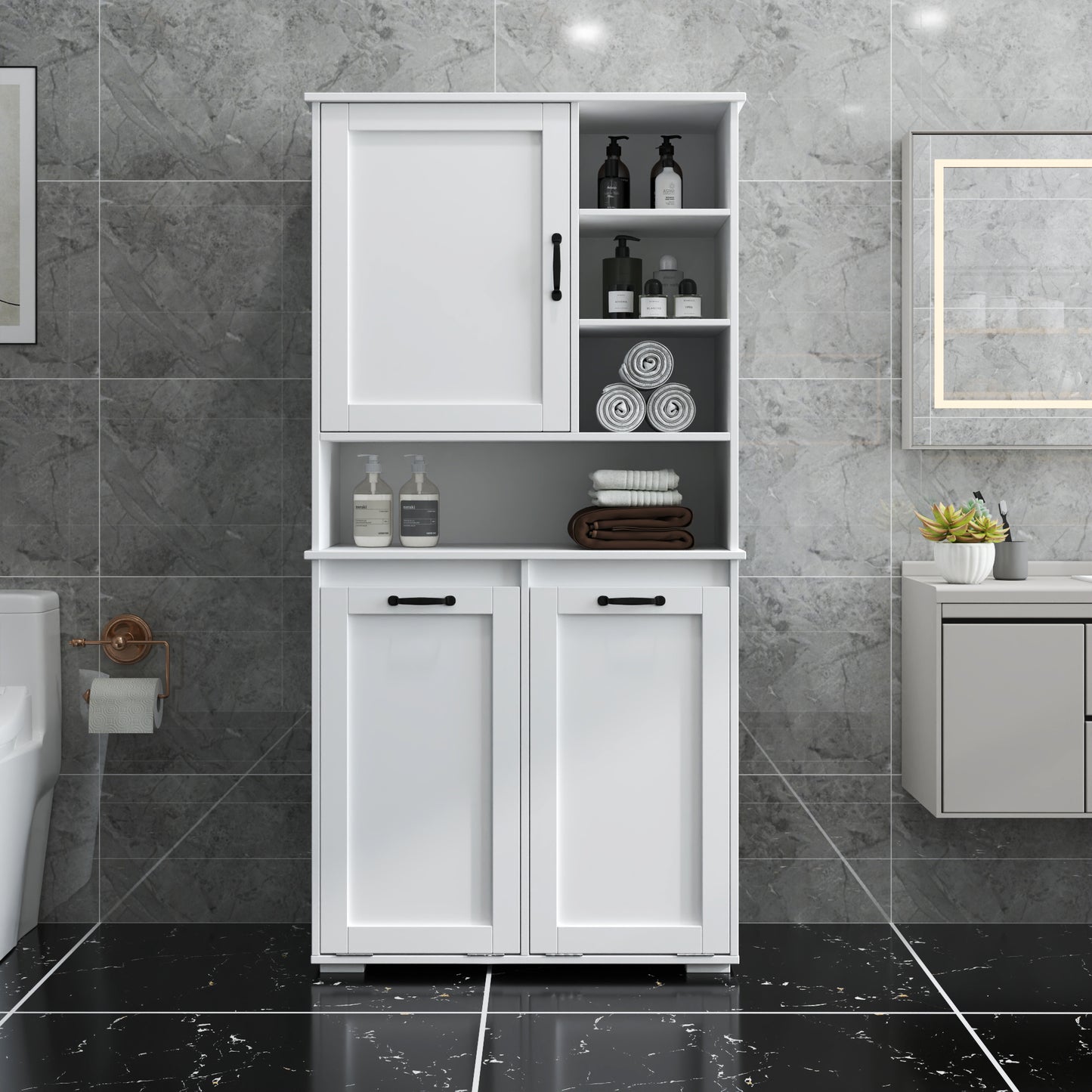 VIYET 63" White Freestanding Laundry Cabinet-Particle Board+MDF, Tilt-Out Hamper, Adjustable Shelves & Multiple Storage