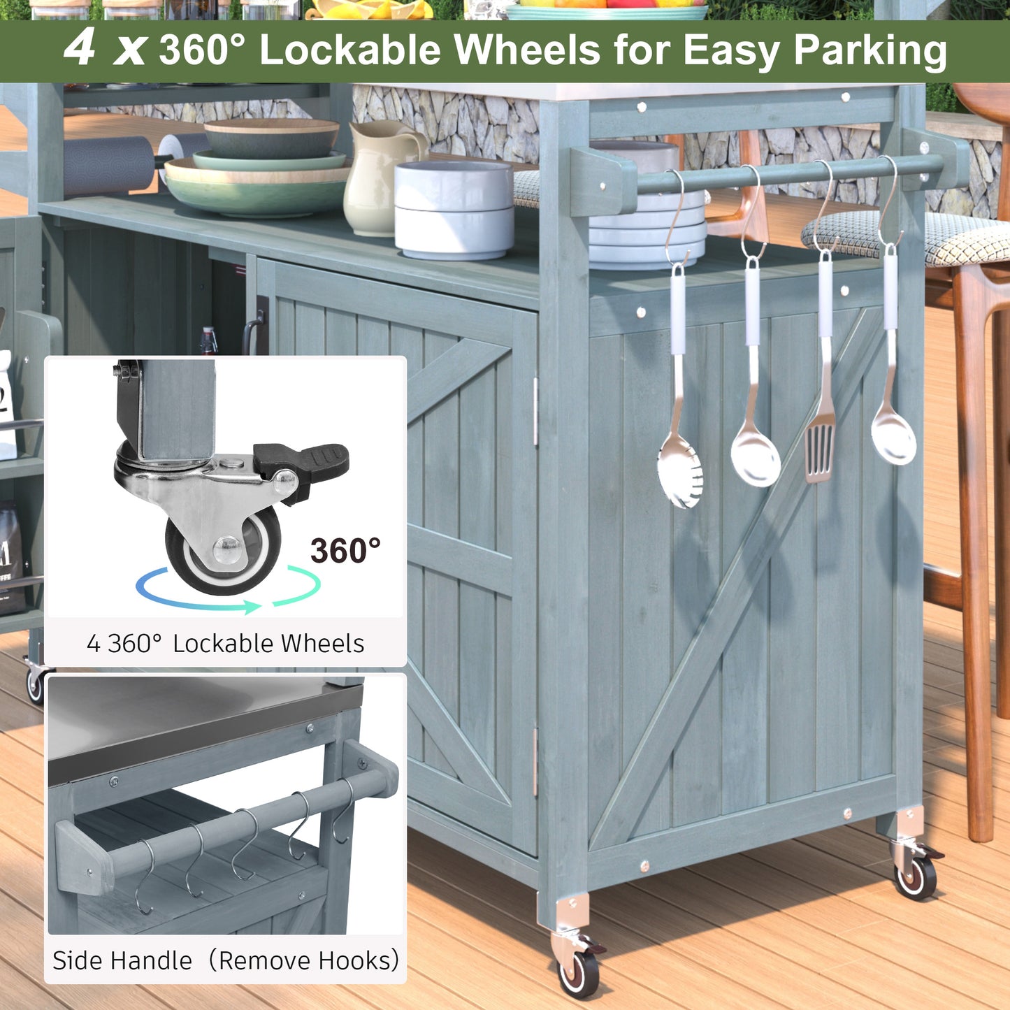 VIYET 43" K&K Outdoor Kitchen Island, Grey-Blue Solid Wood Grill Cart w/ Stainless Steel Top (Raised Shelf+Adjustable Storage Rack)