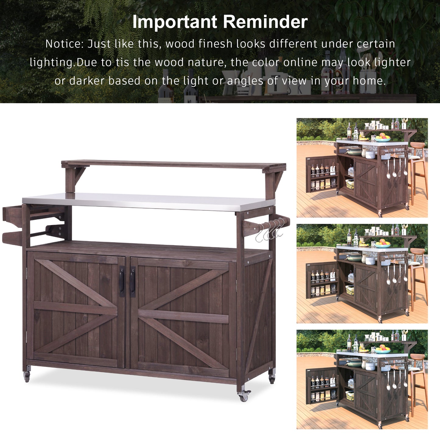 VIYET 43" K&K Outdoor Kitchen Island, Brown Solid Wood Grill Cart w/ Stainless Steel Top (Raised Shelf+Adjustable Storage Rack)