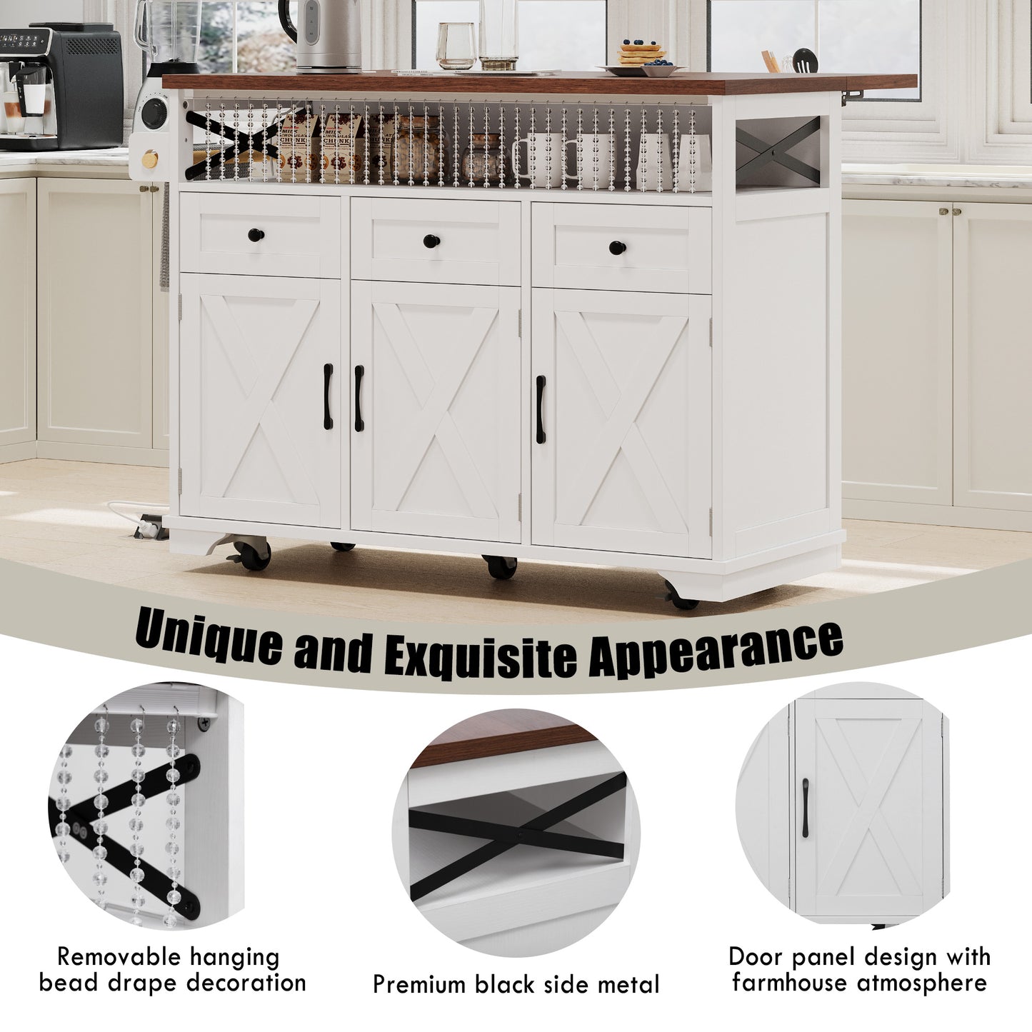 VIYET 39" K&K Farmhouse Rolling Kitchen Island, White MDF Cart w/ Bead Drape, Power Outlet & Drop Leaf (3 Doors+3 Drawers+Internal Iron Shelf)