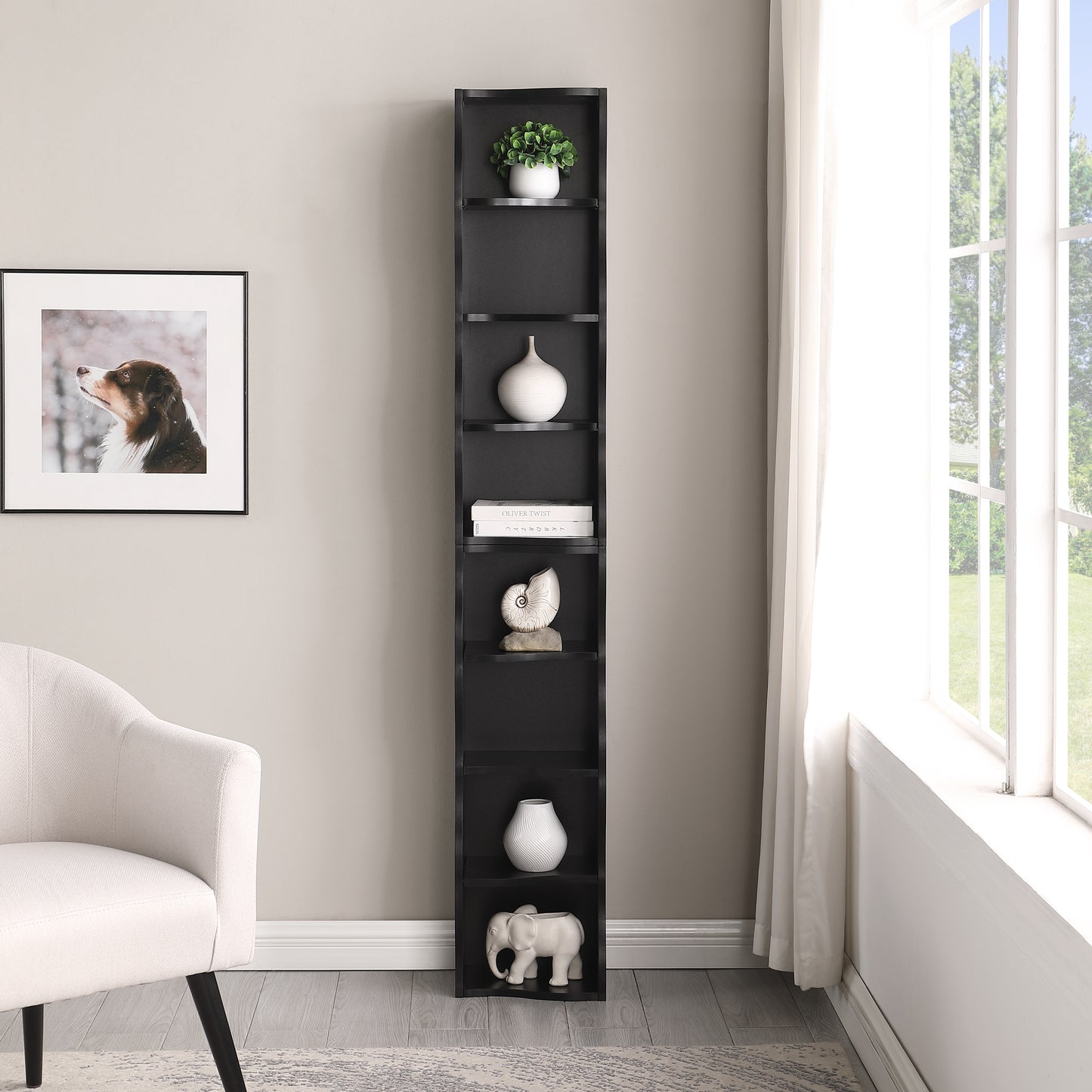 VIYET 71" 8-Tier Ultra-Thin Adjustable Bookshelf, Black MDF Display Rack w/ Wavy Border (Detachable Home Office Organizer)