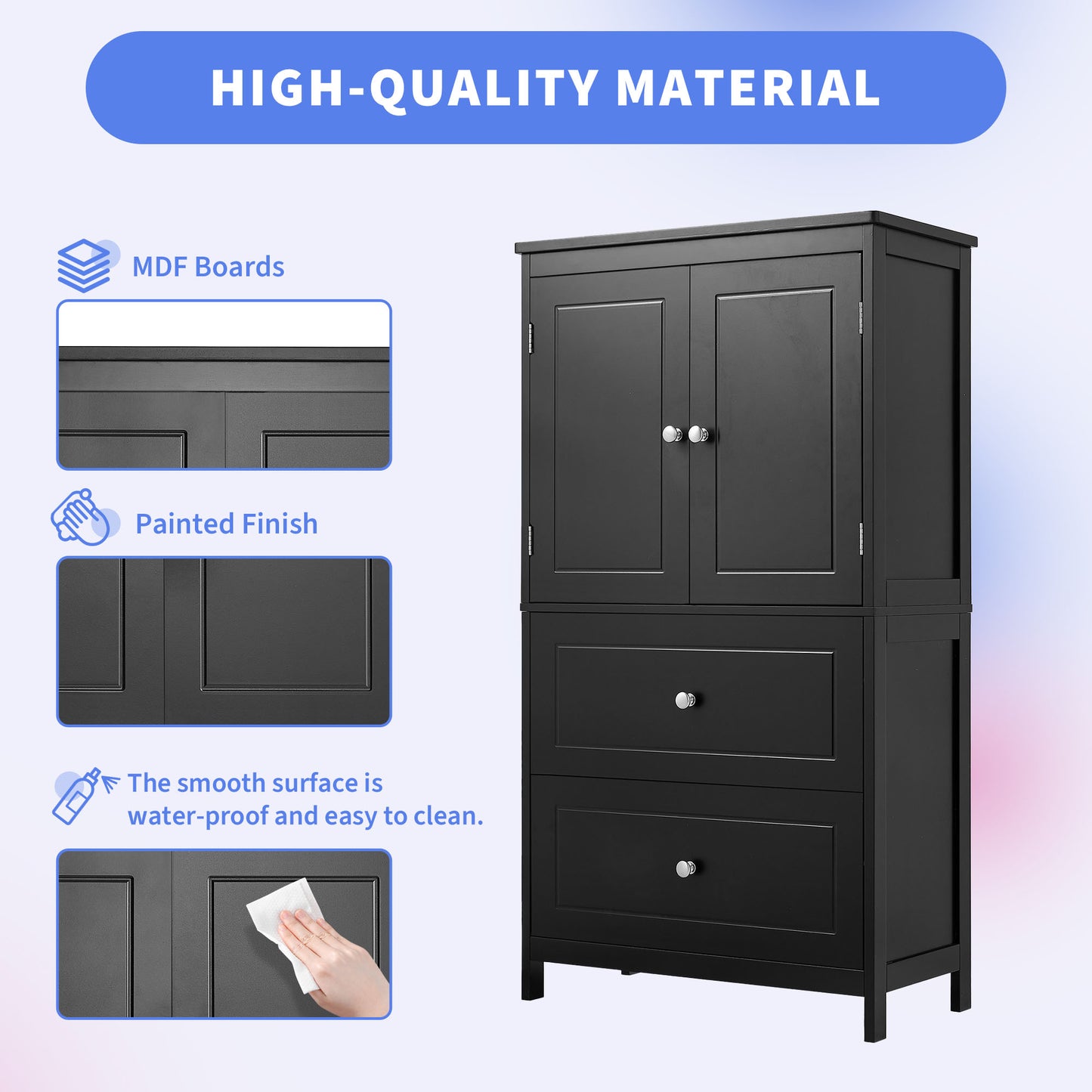 VIYET 43" 2-Door 2-Drawer Storage Cabinet, Black MDF Adjustable-Shelf Organizer, Anti-Tipping Waterproof Multi-Scene Cabinet