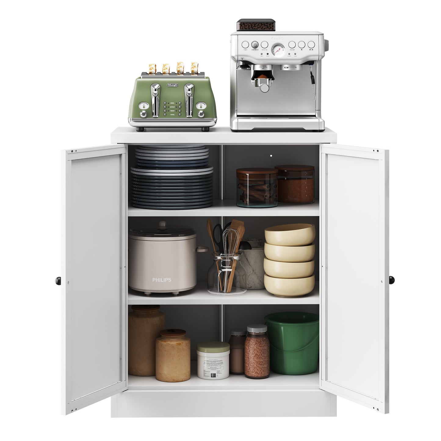 VIYET 35"H White Metal Pantry Cabinet,2 Adjustable Shelves+Side Hooks/Vents,Anti-Tip Freestanding for Kitchen/Dining/Apartment