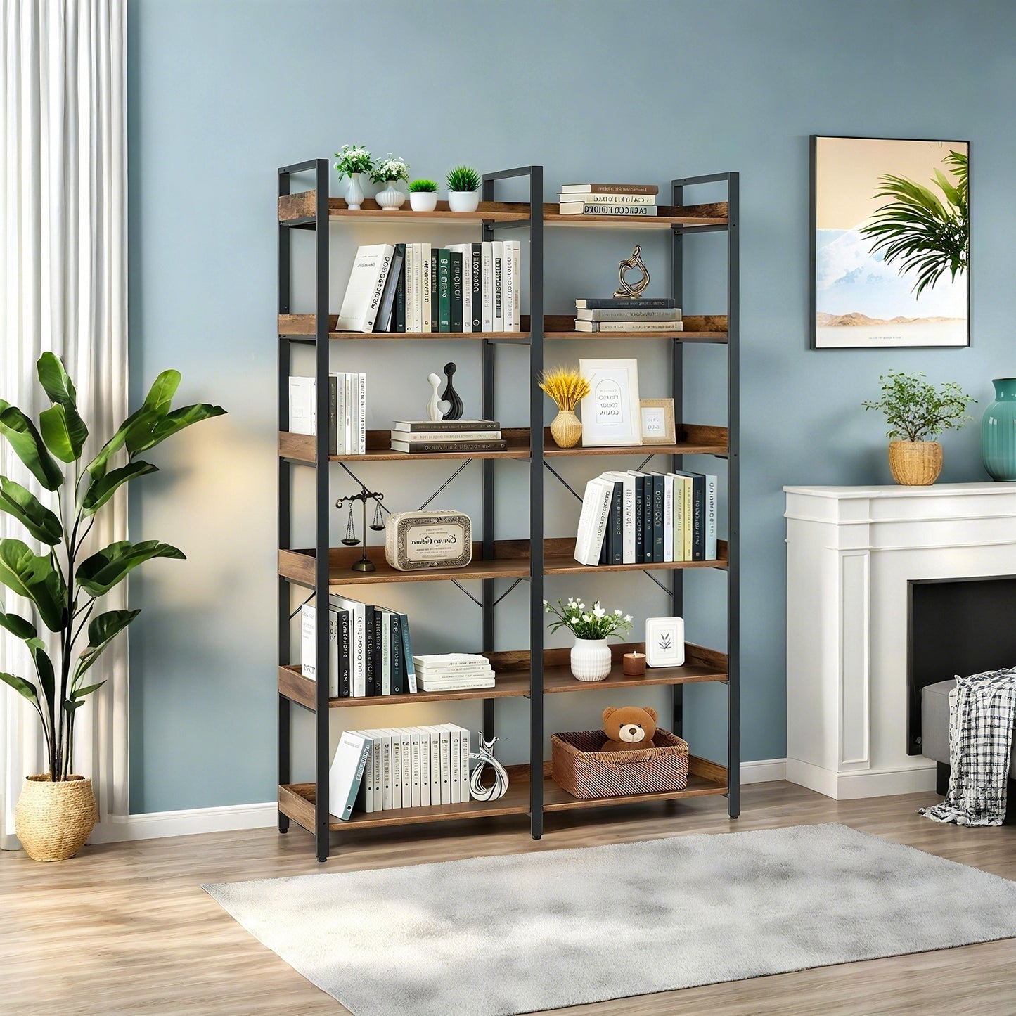VIYET 69" 6-Tier Industrial Bookshelf, Brown MDF+Metal Frame Open Shelf Bookcase (Freestanding Storage & Display for Home/Office)