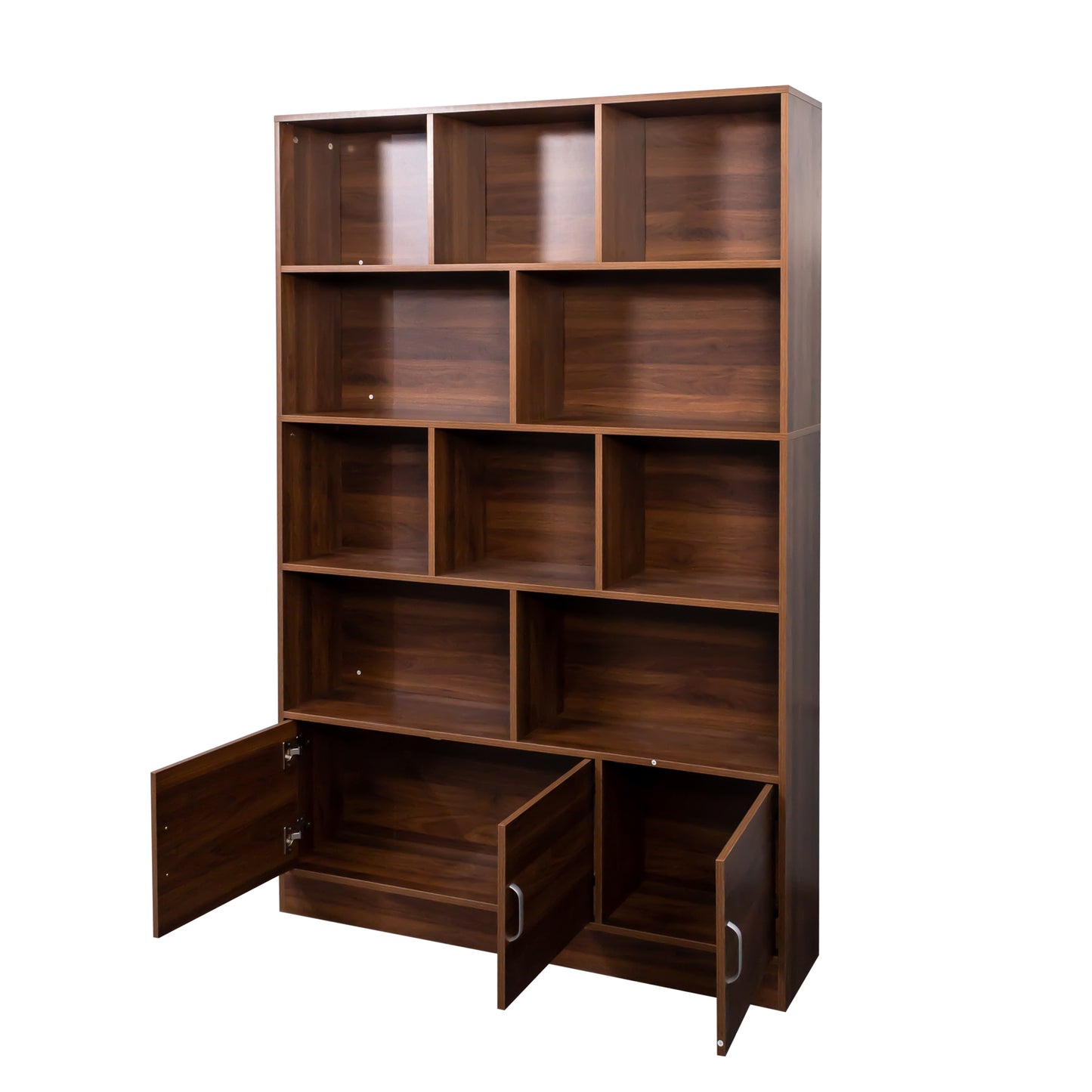 VIYET 71" 4-Tier Cube Bookshelf with 3 Doors, Walnut Particle Board Storage Organizer (10 Cubes Open Shelf Bookcase for Living Room & Office)