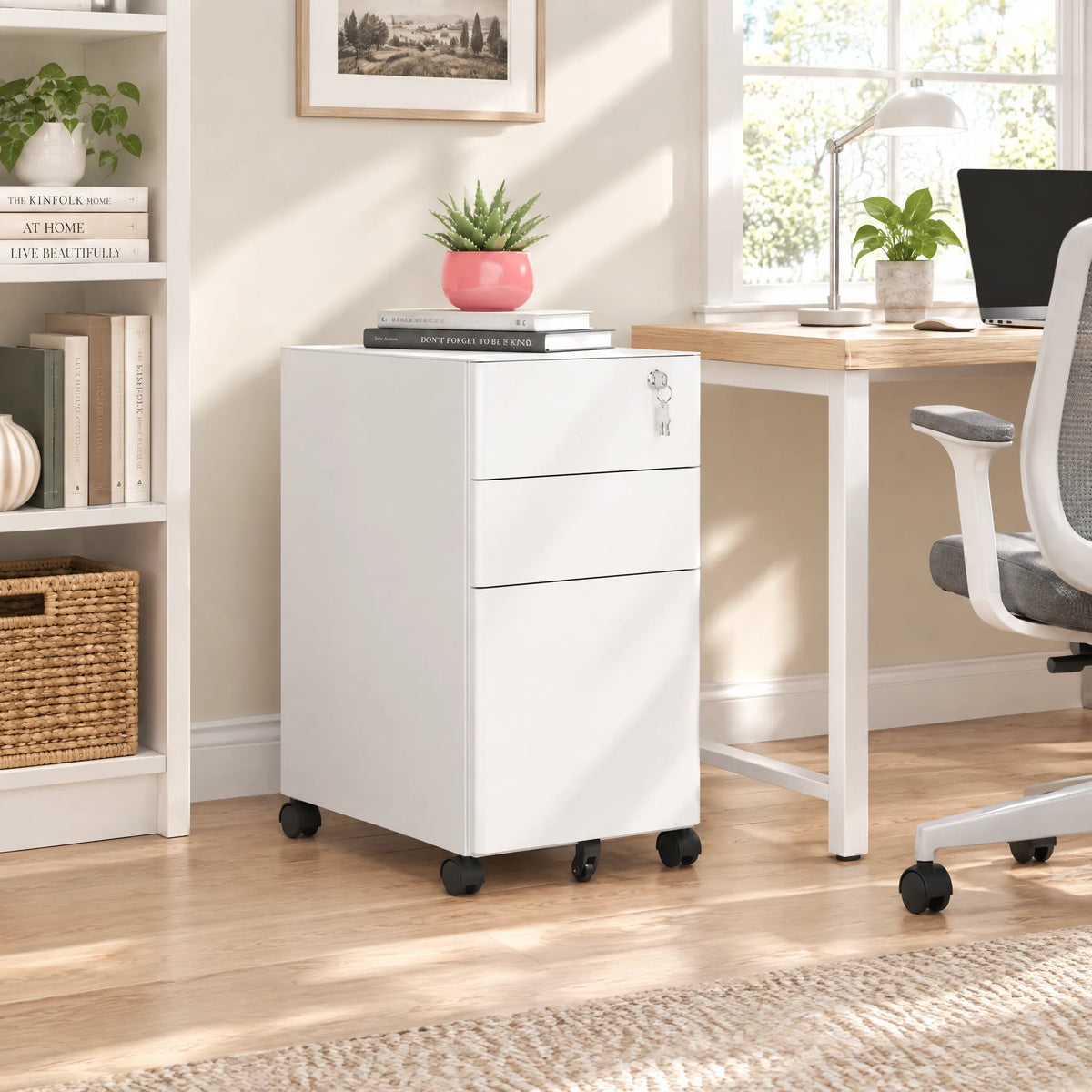 VIYET 3 Drawer Mobile File Cabinet with Lock, Steel Under Desk Rolling Filing Cabinet, Anti-Tip Design for Home Office