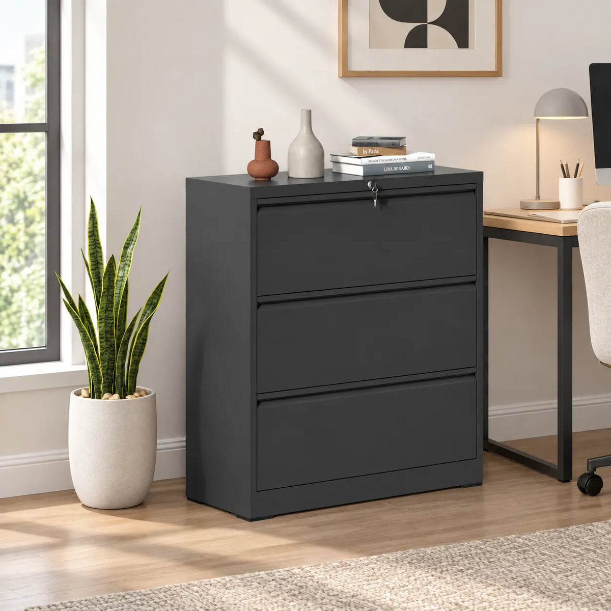 VIYET Heavy-Duty 3-Drawer Lockable Lateral File Cabinet, Anti-Tilt Metal Office Storage for Letter, Legal & A4 Documents
