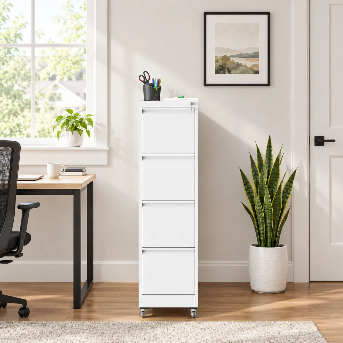 VIYET 4 Drawer Vertical File Cabinet, Metal Locking Filing Cabinet with Wheels, Legal & Letter File Storage, Anti-Tip Office Cabinet