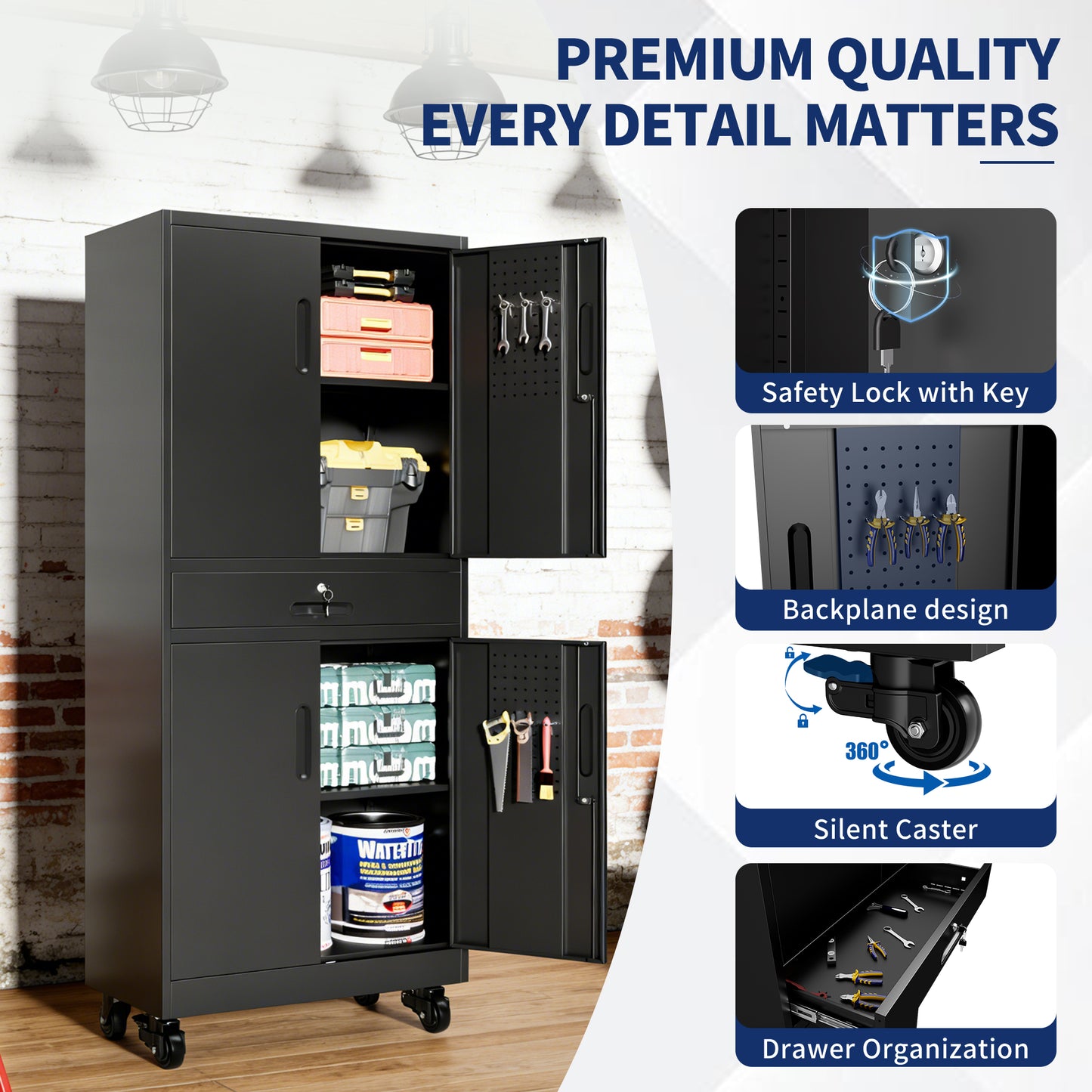 VIYET 71" Metal Garage Storage Cabinet with Drawer, Lockable Doors, Adjustable Shelves, Pegboard & Rolling Wheels for Home Office Utility