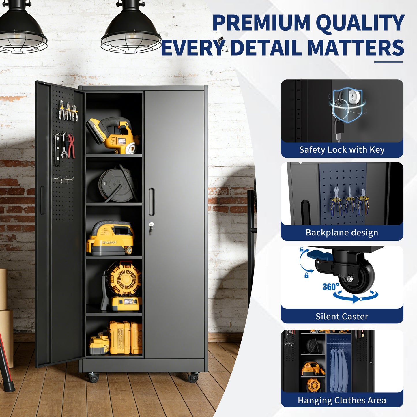 VIYET 71" Rolling Metal Storage Locker with Lockable Doors, Freestanding Steel Wardrobe Cabinet for Home Office School Gym