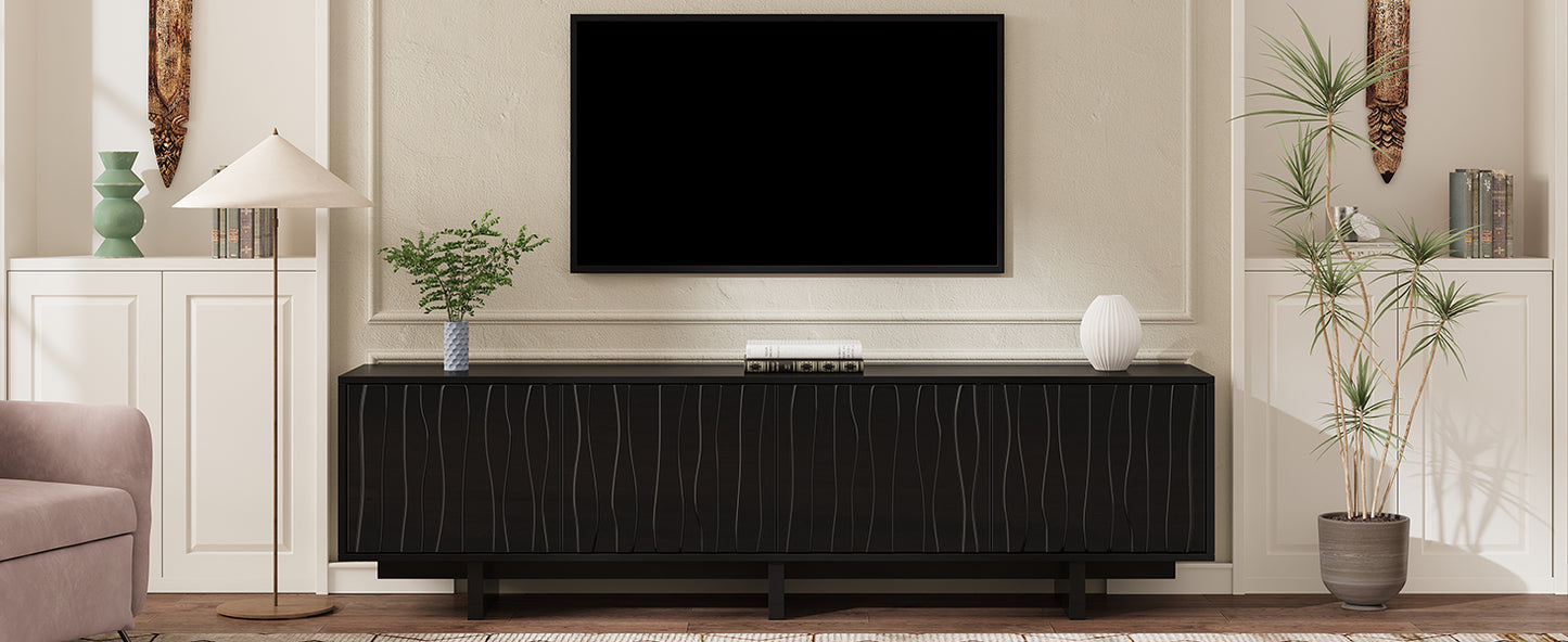 VIYET 69.6"Retro Wood Grain TV Stand for TVs up to 75", Rustic Media Console w/ Wavy Doors & Cable Management, Black