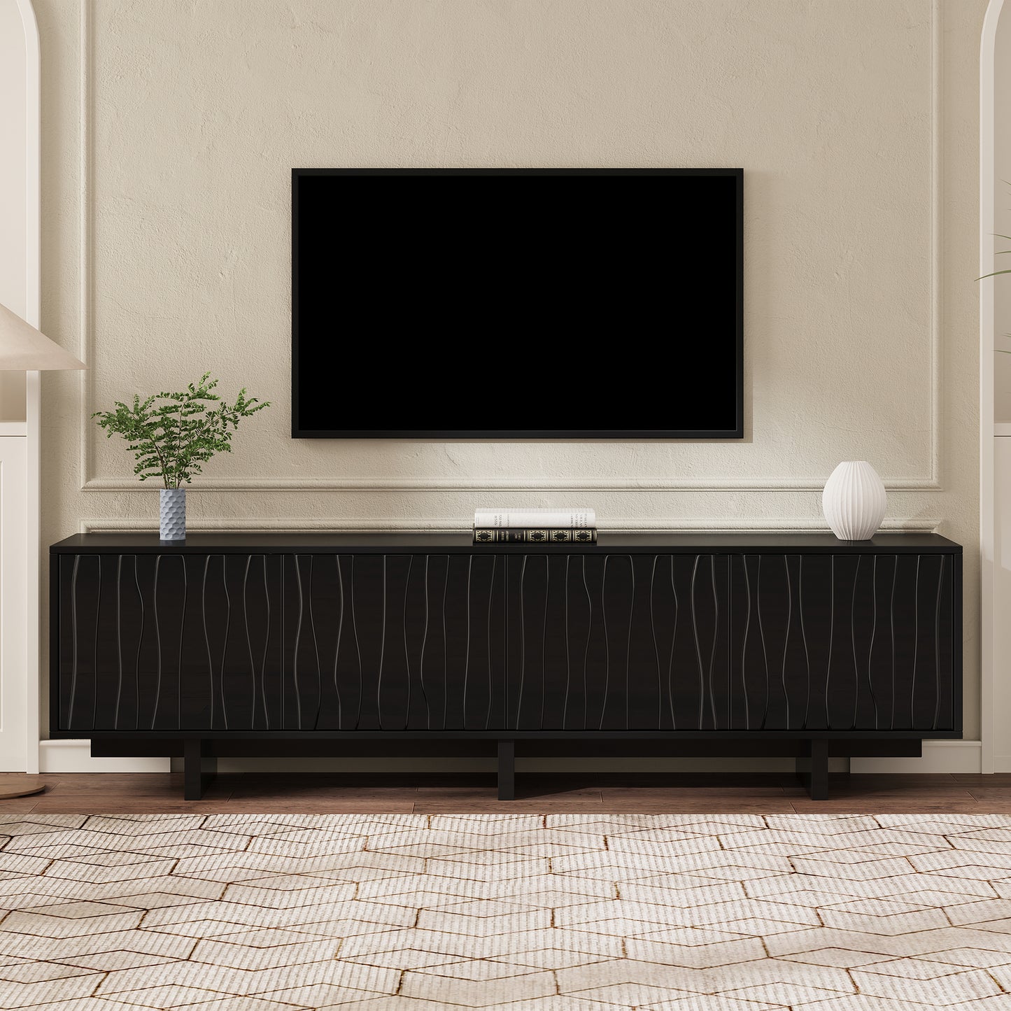 VIYET 69.6"Retro Wood Grain TV Stand for TVs up to 75", Rustic Media Console w/ Wavy Doors & Cable Management, Black