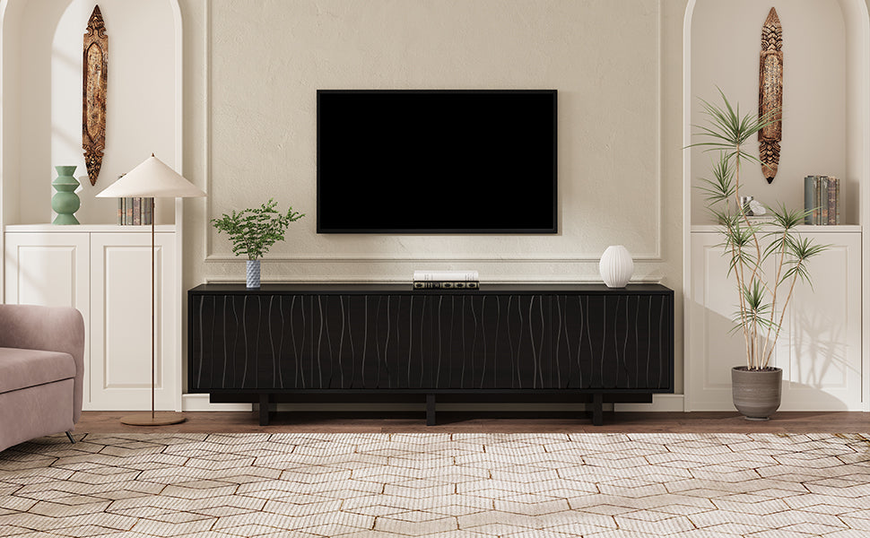 VIYET 69.6"Retro Wood Grain TV Stand for TVs up to 75", Rustic Media Console w/ Wavy Doors & Cable Management, Black
