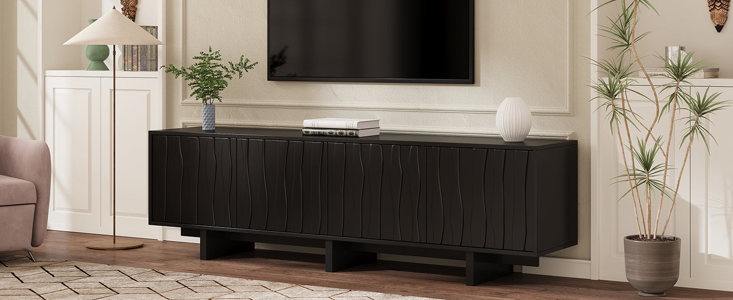 VIYET 69.6"Retro Wood Grain TV Stand for TVs up to 75", Rustic Media Console w/ Wavy Doors & Cable Management, Black