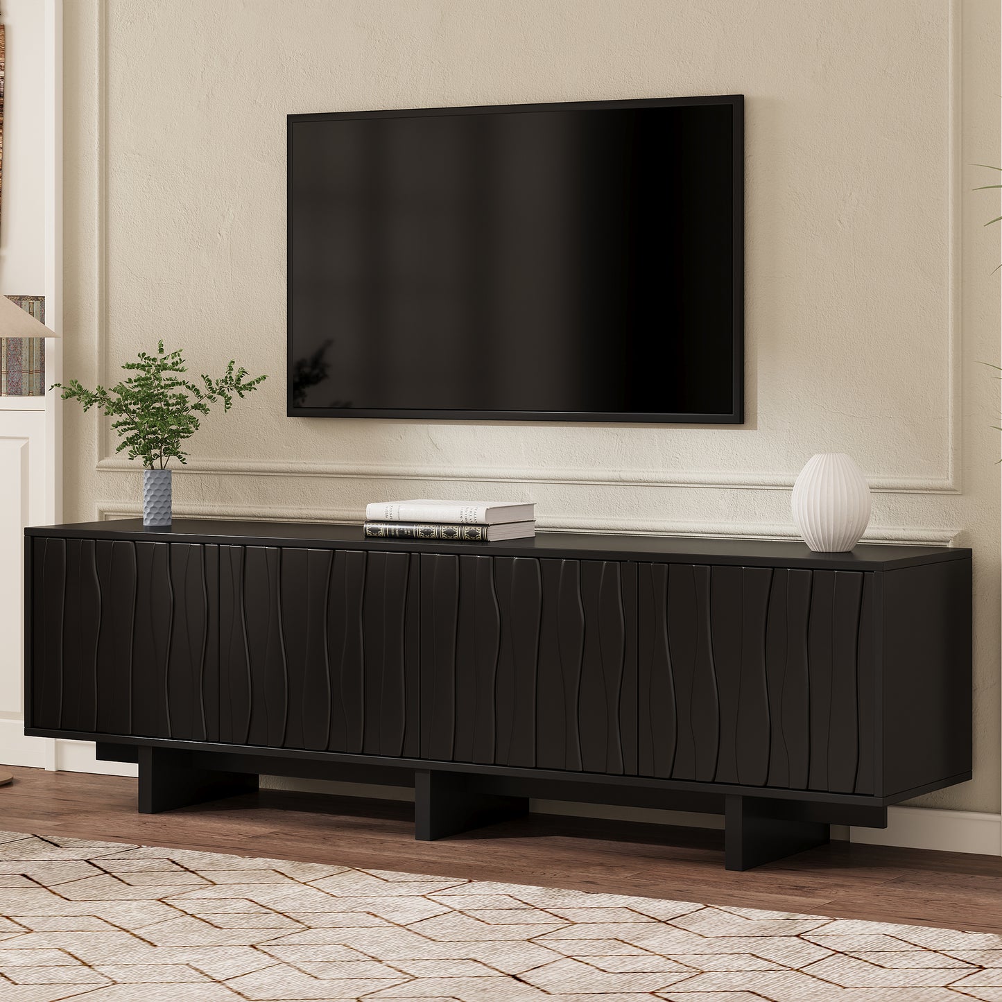 VIYET 69.6"Retro Wood Grain TV Stand for TVs up to 75", Rustic Media Console w/ Wavy Doors & Cable Management, Black