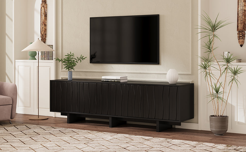 VIYET 69.6"Retro Wood Grain TV Stand for TVs up to 75", Rustic Media Console w/ Wavy Doors & Cable Management, Black