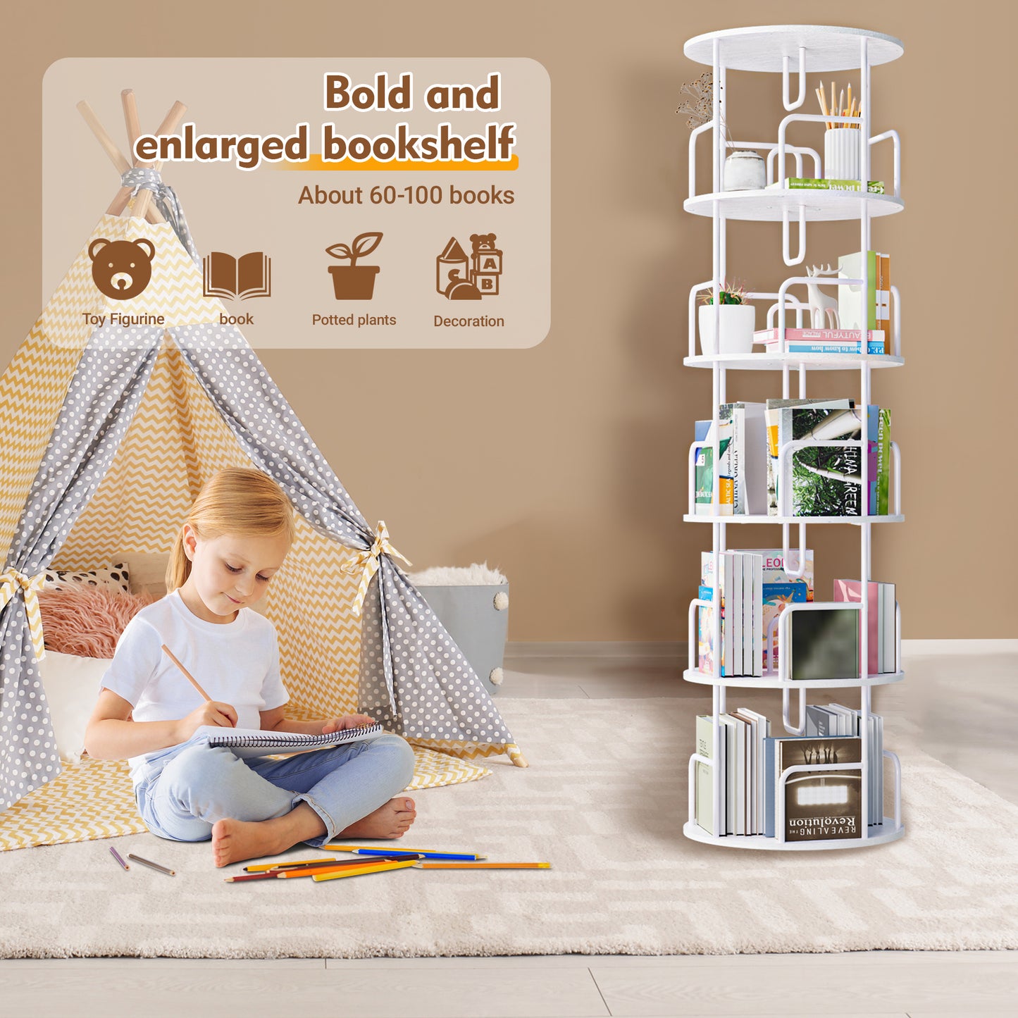 VIYET 62" 5-Tier 360° Rotating Bookshelf Tower, White MDF+Iron Narrow Tall Spinning Bookcase (Space-Saving Storage Organizer)