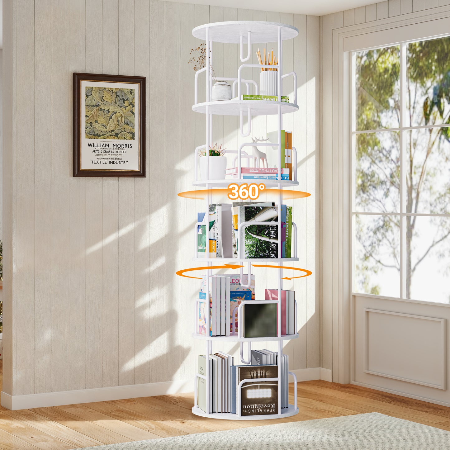 VIYET 62" 5-Tier 360° Rotating Bookshelf Tower, White MDF+Iron Narrow Tall Spinning Bookcase (Space-Saving Storage Organizer)