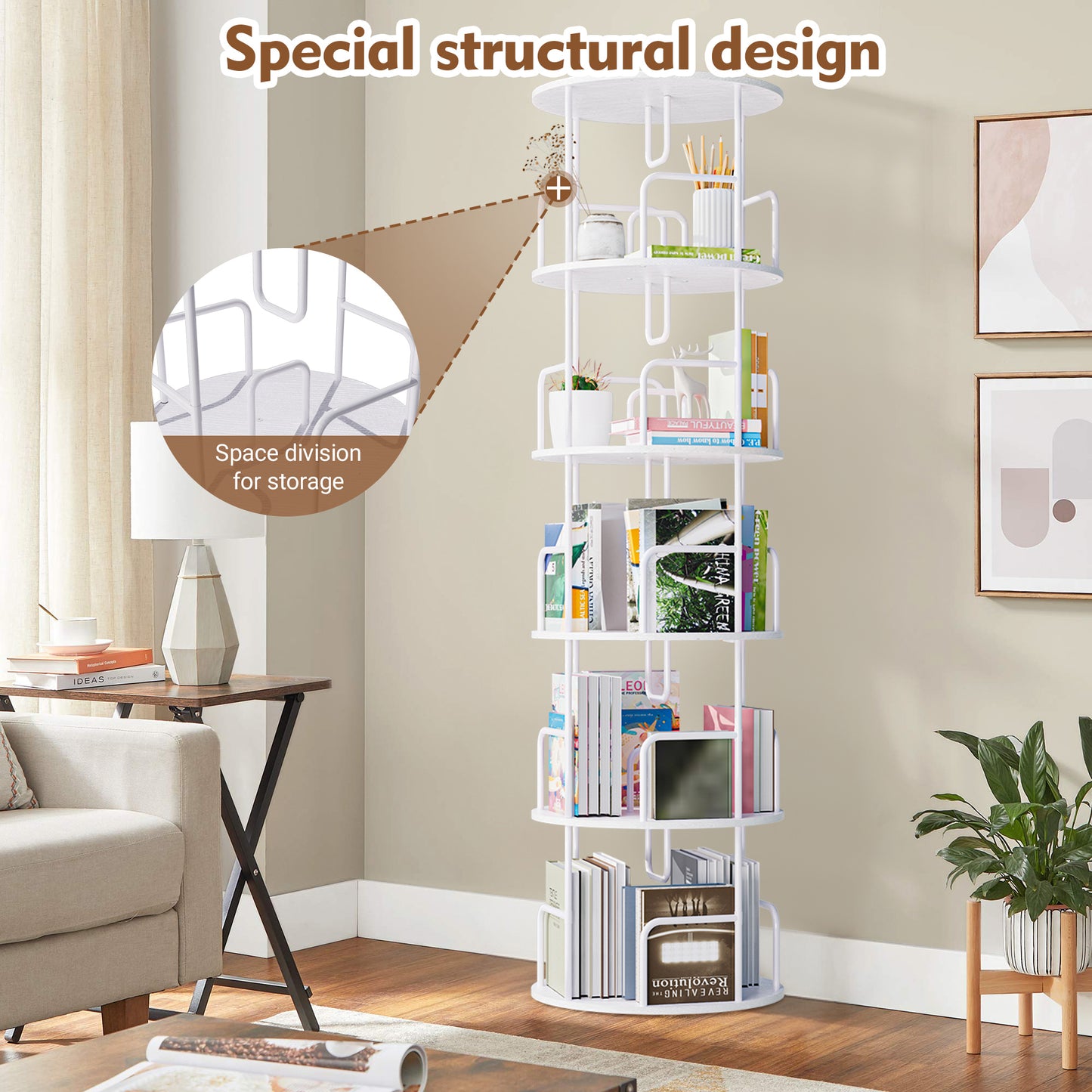 VIYET 62" 5-Tier 360° Rotating Bookshelf Tower, White MDF+Iron Narrow Tall Spinning Bookcase (Space-Saving Storage Organizer)