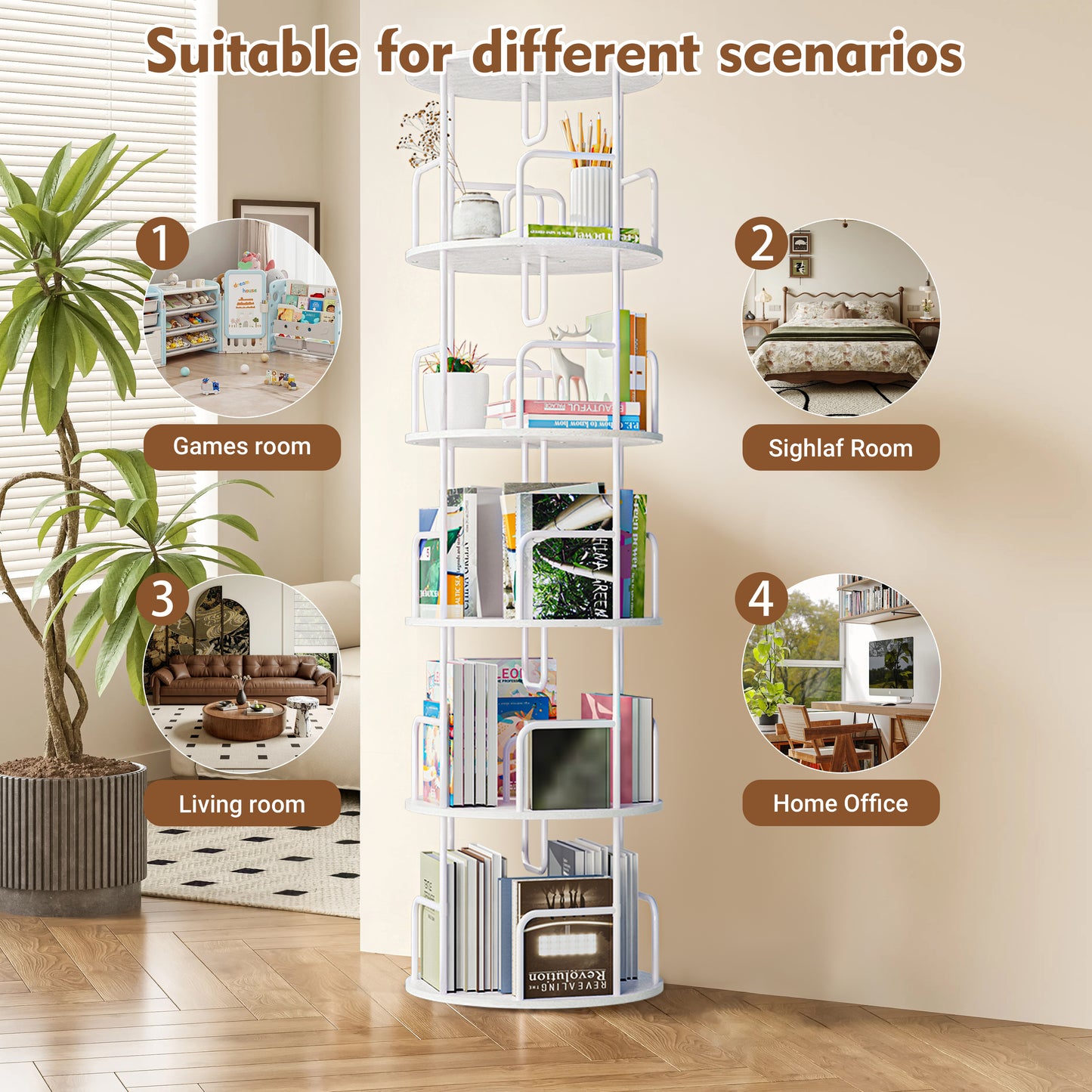 VIYET 62" 5-Tier 360° Rotating Bookshelf Tower, White MDF+Iron Narrow Tall Spinning Bookcase (Space-Saving Storage Organizer)