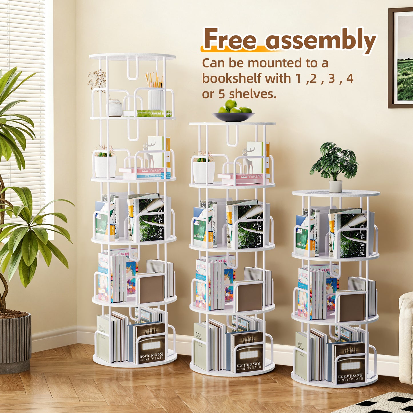 VIYET 62" 5-Tier 360° Rotating Bookshelf Tower, White MDF+Iron Narrow Tall Spinning Bookcase (Space-Saving Storage Organizer)