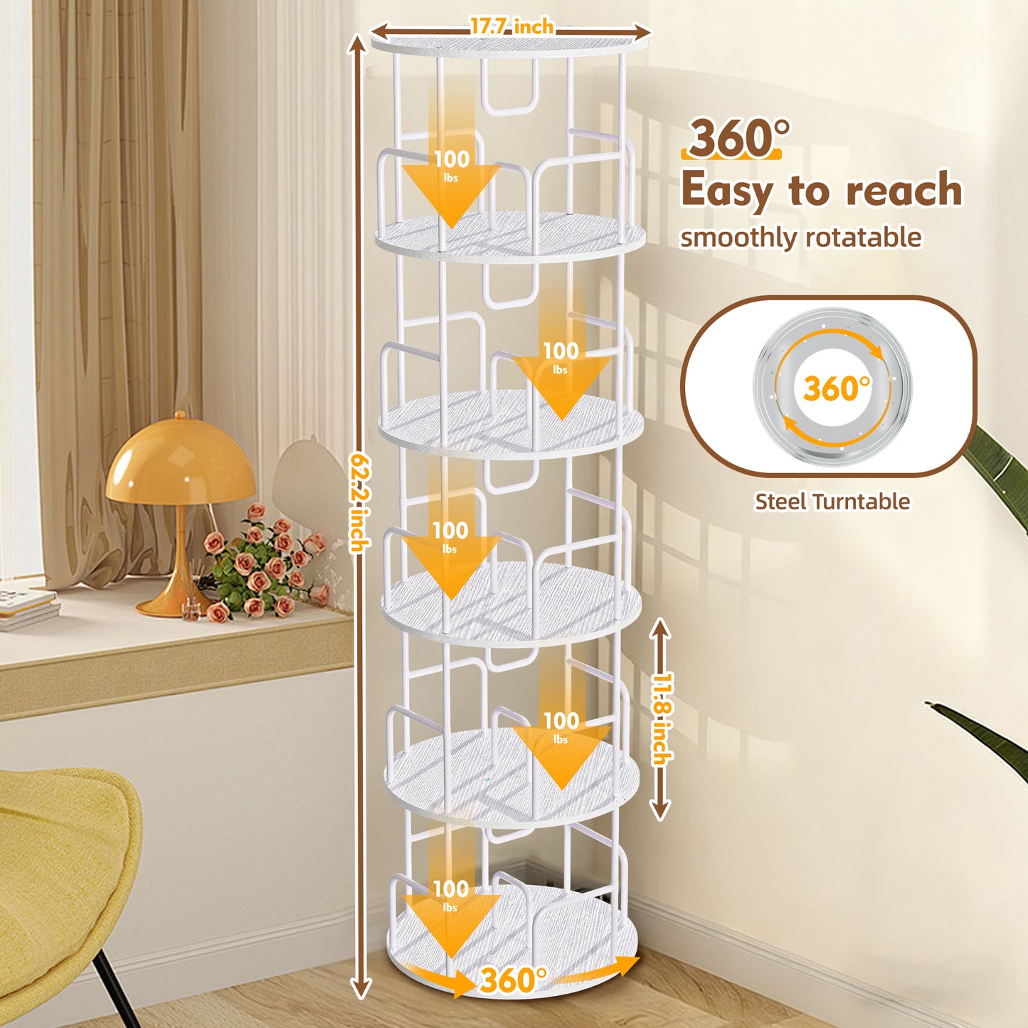 VIYET 62" 5-Tier 360° Rotating Bookshelf Tower, White MDF+Iron Narrow Tall Spinning Bookcase (Space-Saving Storage Organizer)