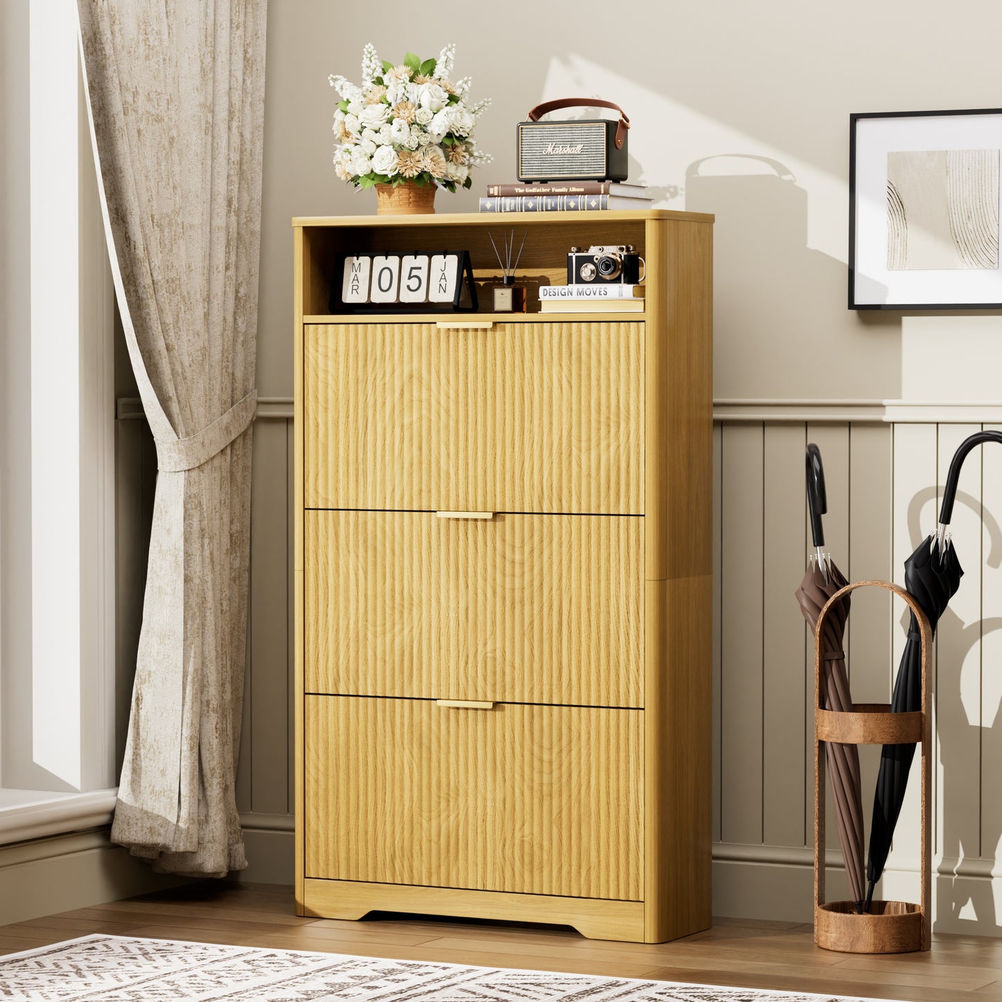 VIYET 54" Tall Freestanding Shoe Cabinet - Natural Particle Board+MDF, 3 Flip Drawers, Adjustable Shelves, Hidden Entryway Storage