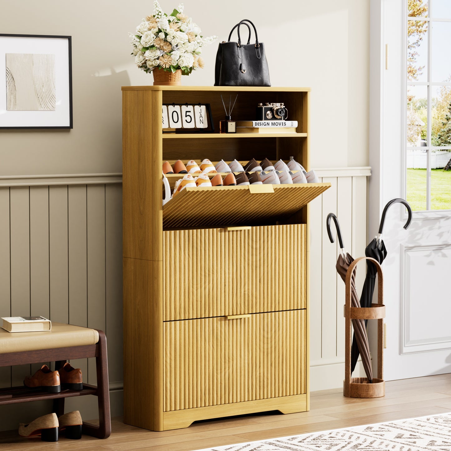 VIYET 54" Tall Freestanding Shoe Cabinet - Natural Particle Board+MDF, 3 Flip Drawers, Adjustable Shelves, Hidden Entryway Storage