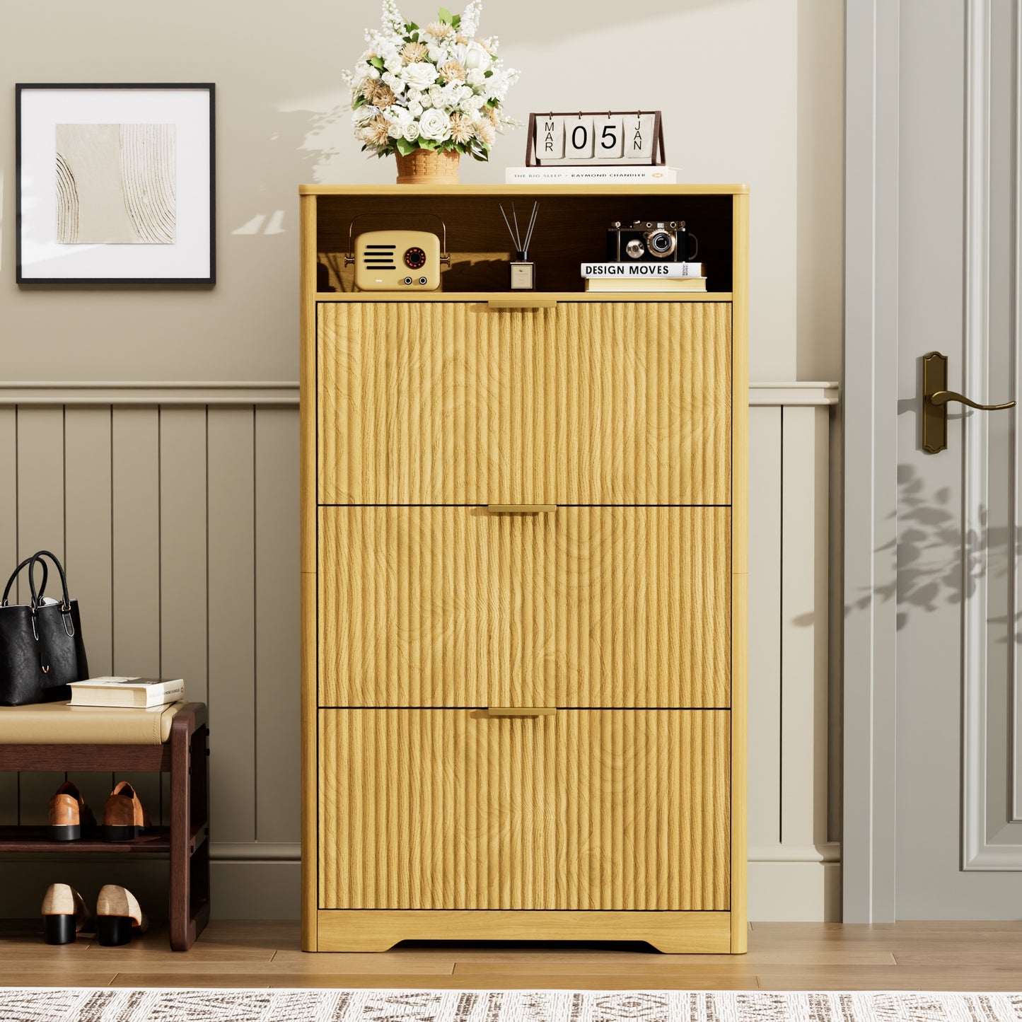 VIYET 54" Tall Freestanding Shoe Cabinet - Natural Particle Board+MDF, 3 Flip Drawers, Adjustable Shelves, Hidden Entryway Storage