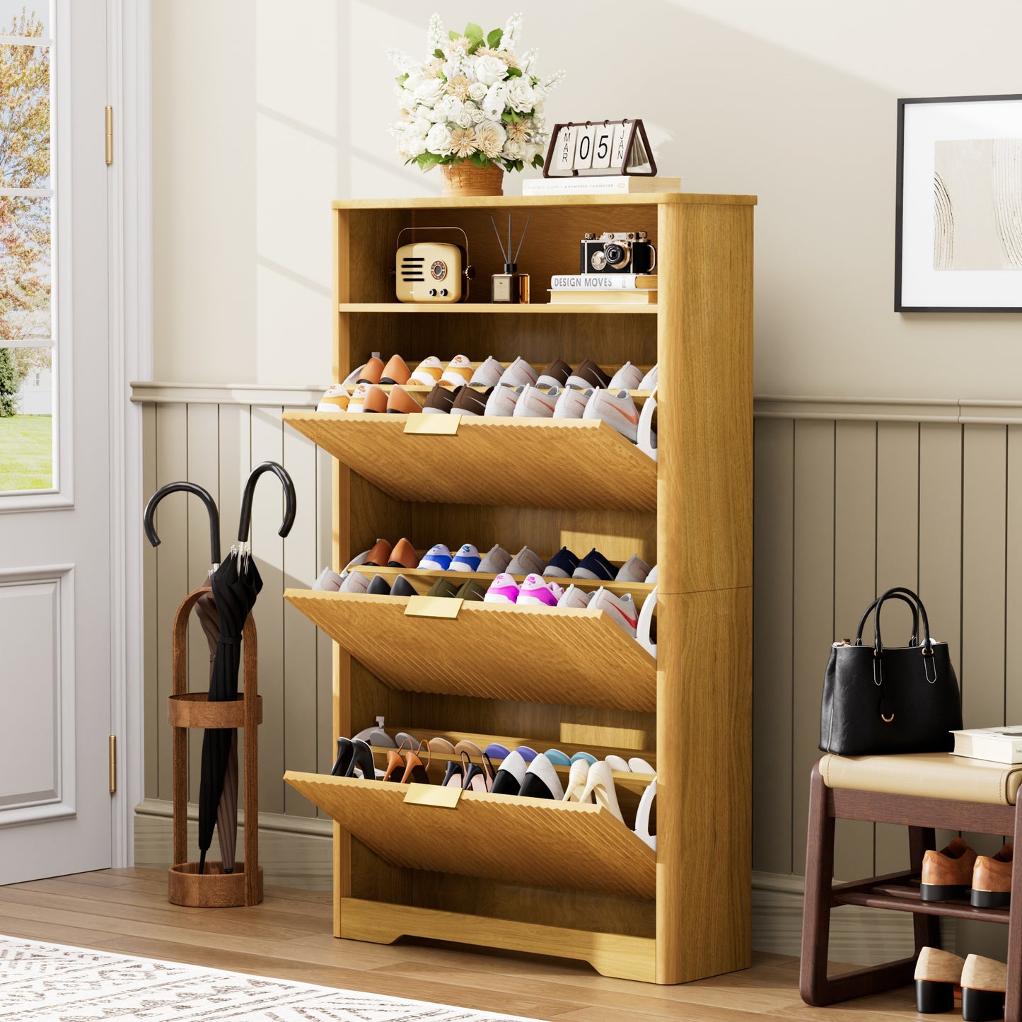 VIYET 54" Tall Freestanding Shoe Cabinet - Natural Particle Board+MDF, 3 Flip Drawers, Adjustable Shelves, Hidden Entryway Storage