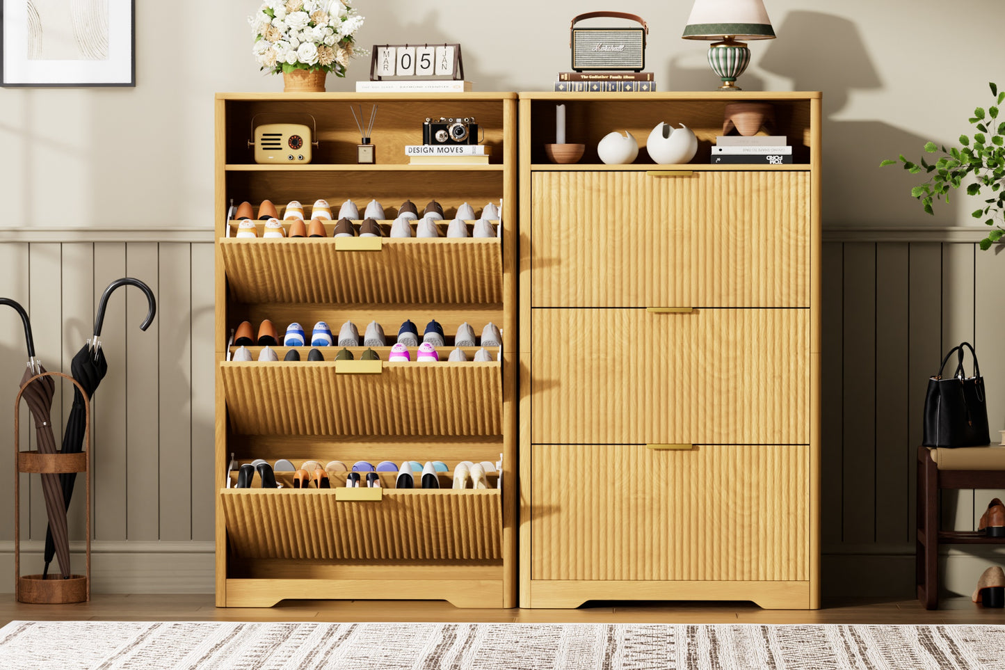 VIYET 54" Tall Freestanding Shoe Cabinet - Natural Particle Board+MDF, 3 Flip Drawers, Adjustable Shelves, Hidden Entryway Storage