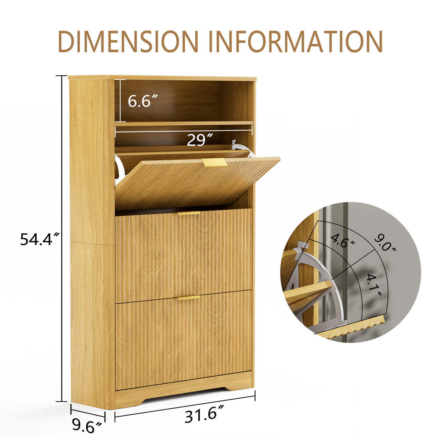 VIYET 54" Tall Freestanding Shoe Cabinet - Natural Particle Board+MDF, 3 Flip Drawers, Adjustable Shelves, Hidden Entryway Storage
