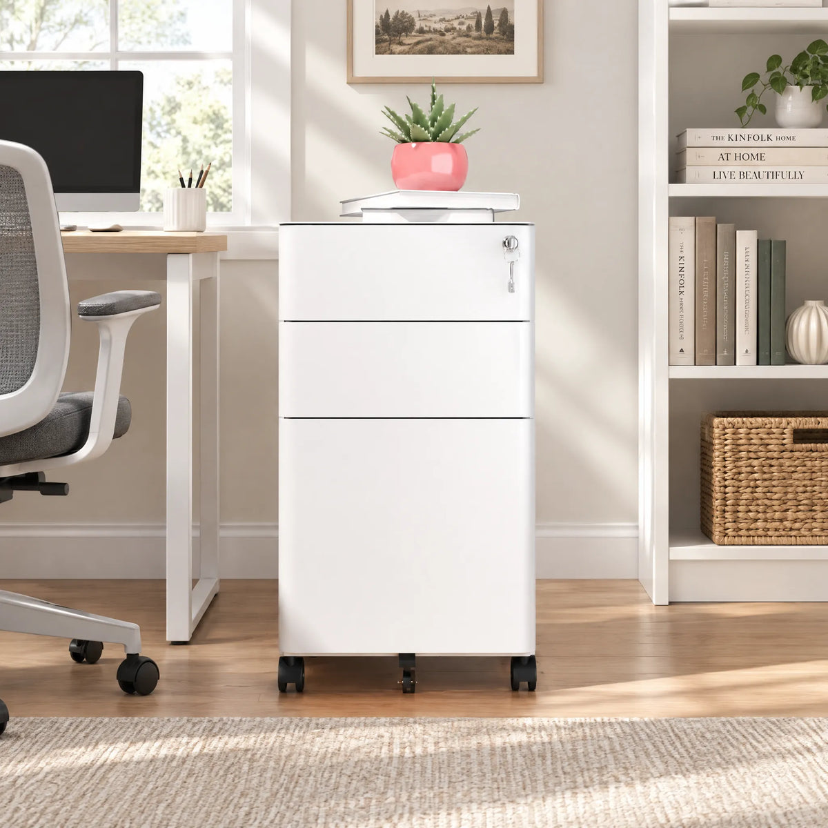 VIYET 3 Drawer Mobile File Cabinet with Lock, Steel Under Desk Rolling Filing Cabinet, Anti-Tip Design for Home Office